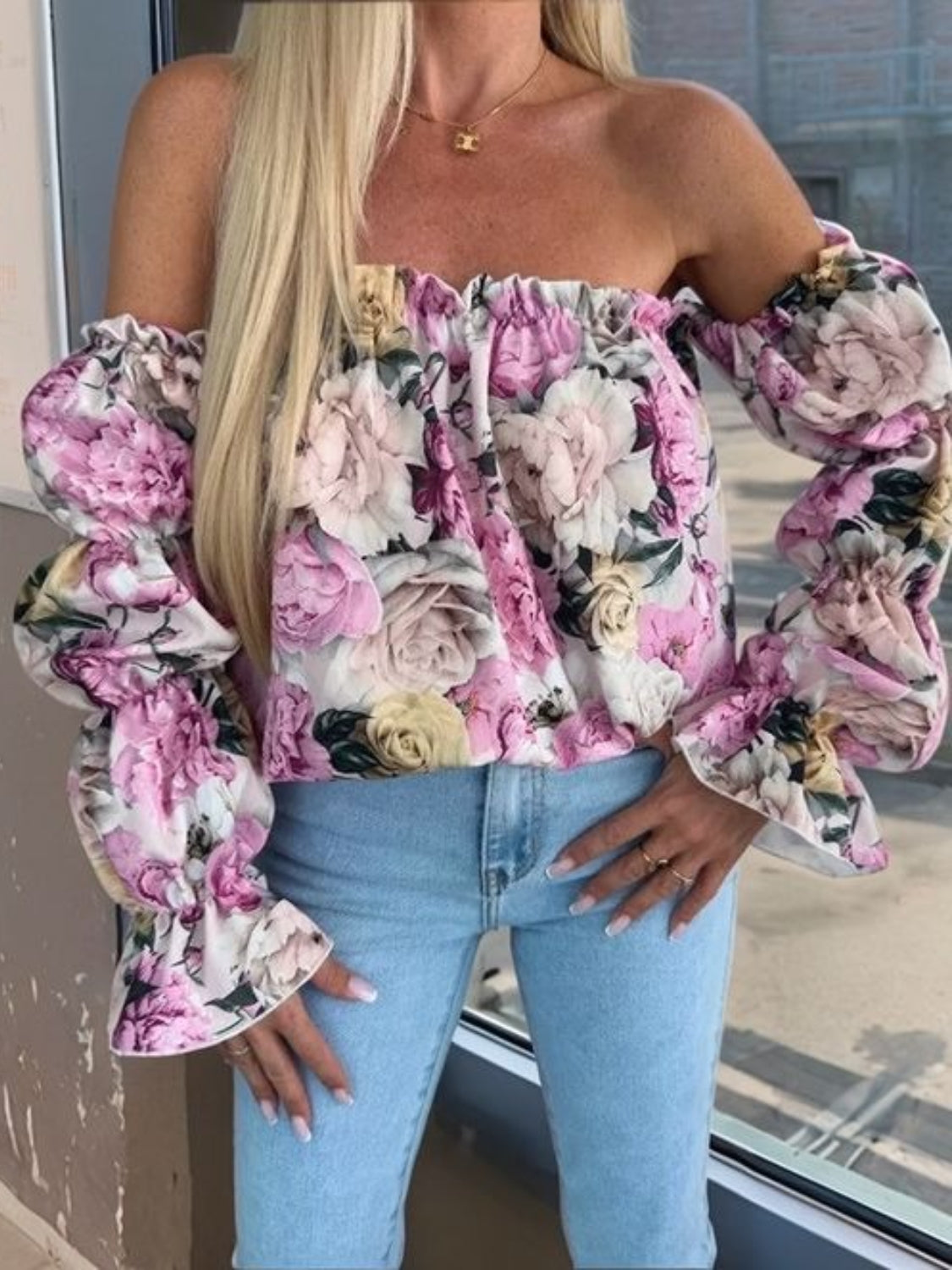 Printed Off-Shoulder Flounce Sleeve Blouse with Frill and Ruffled.