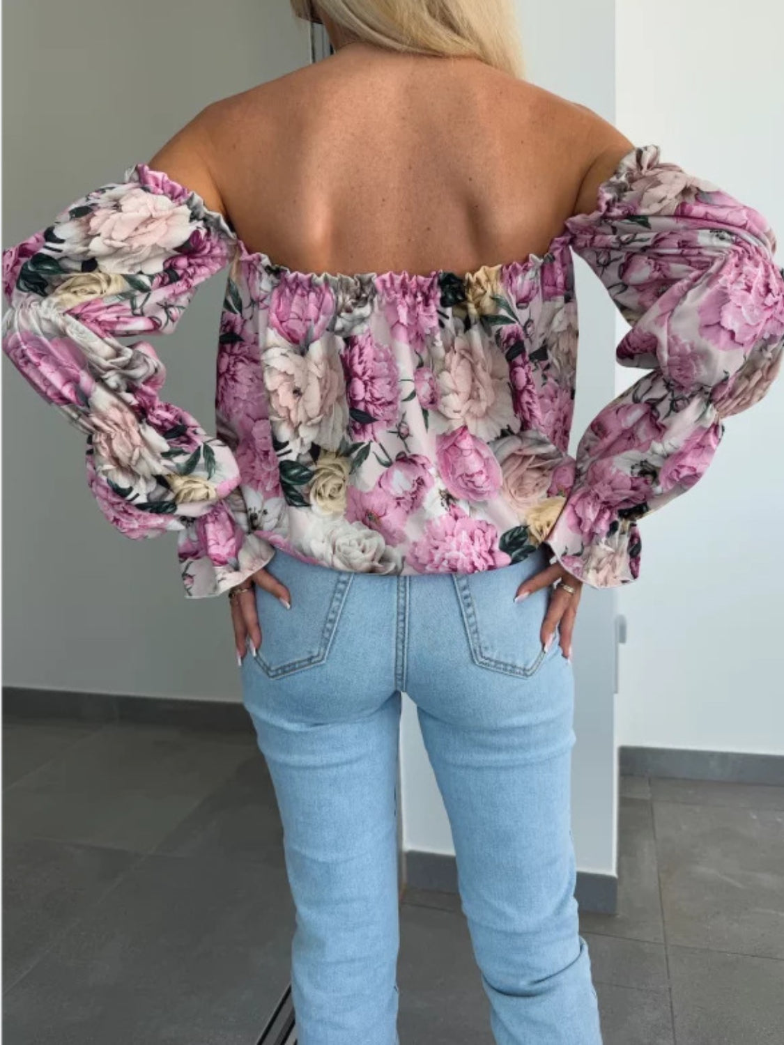 Printed Off-Shoulder Flounce Sleeve Blouse with Frill and Ruffled.