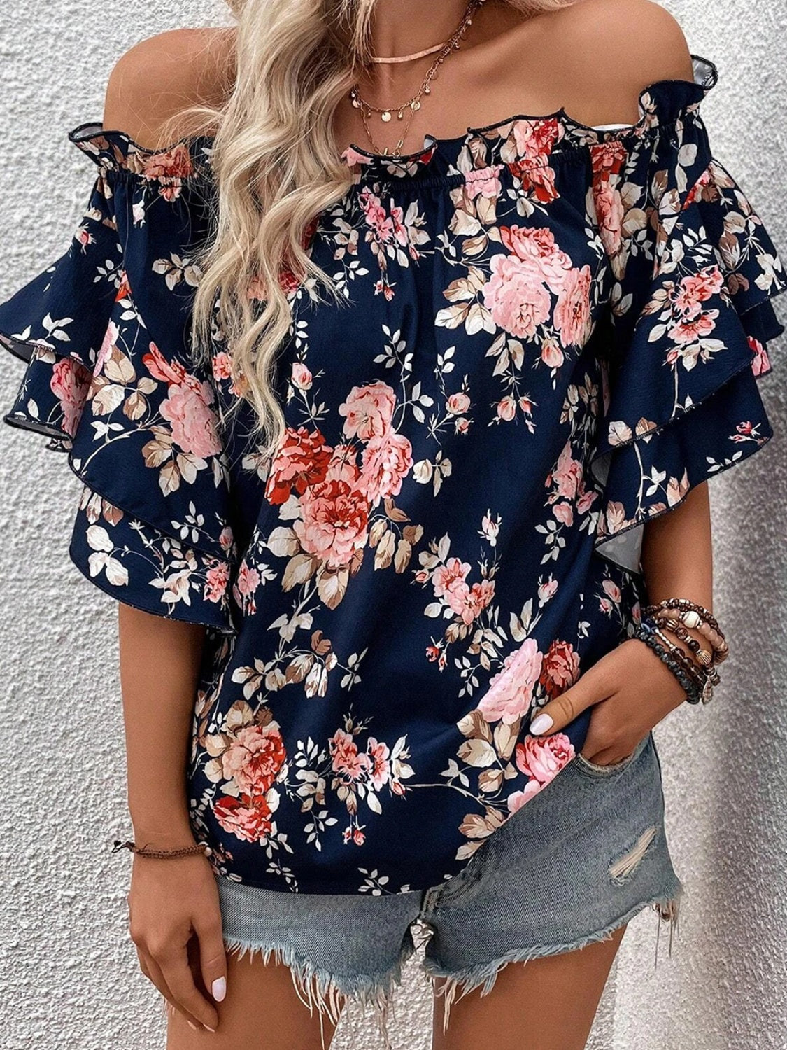 Printed Off-Shoulder Flounce Sleeve Blouse with Frill.