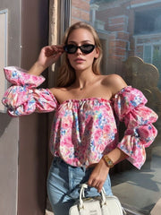 Printed Off-Shoulder Flounce Sleeve Blouse with Frill and Ruffled.