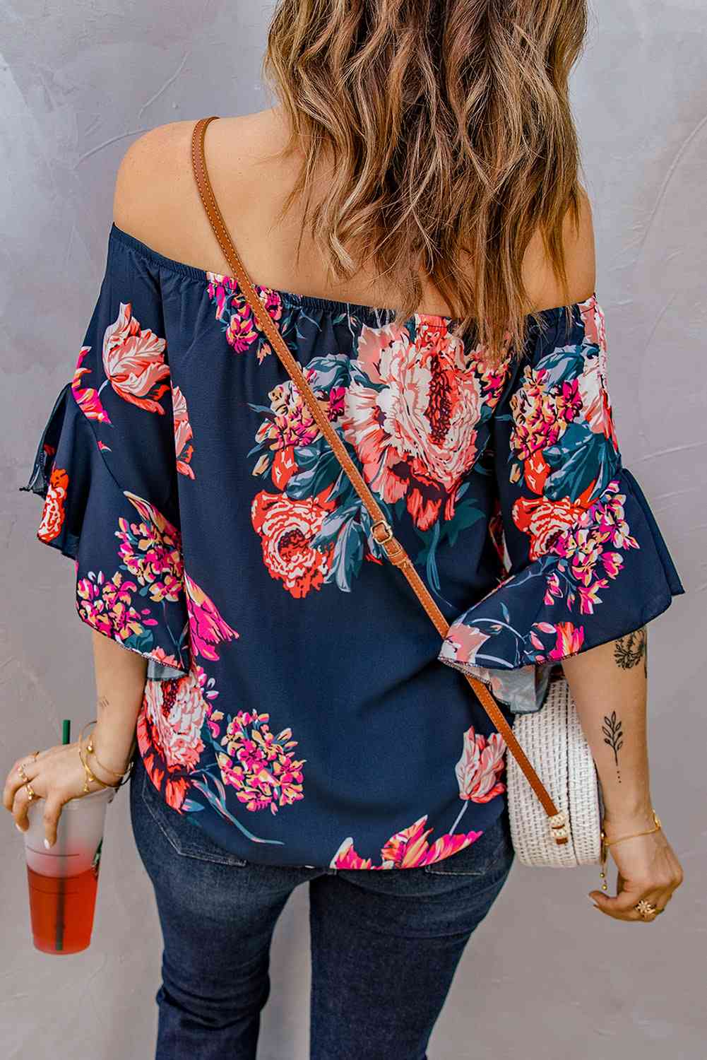 Printed Off-Shoulder Flounce Sleeve Top with Floral and Leopard Print.