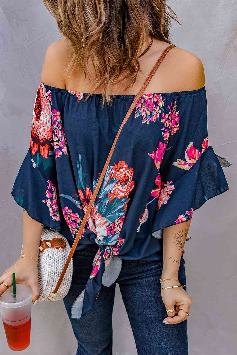 Printed Off-Shoulder Flounce Sleeve Top with Floral and Leopard Print.