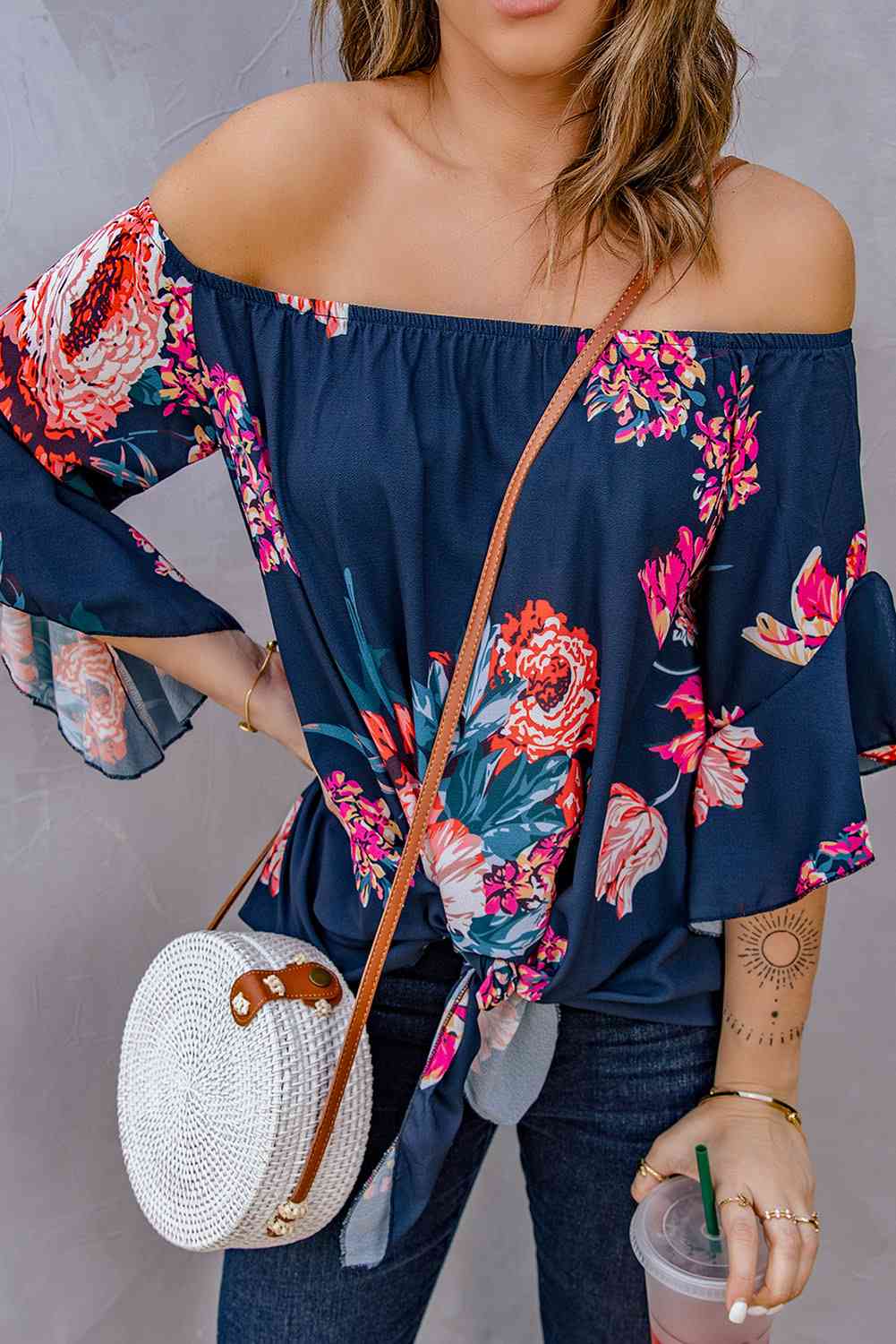 Printed Off-Shoulder Flounce Sleeve Top with Floral and Leopard Print.