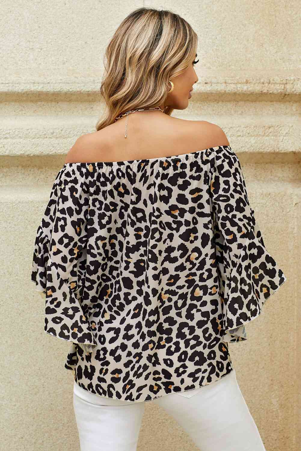 Printed Off-Shoulder Flounce Sleeve Top with Floral and Leopard Print.