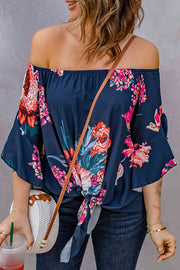 Printed Off-Shoulder Flounce Sleeve Top with Floral and Leopard Print.