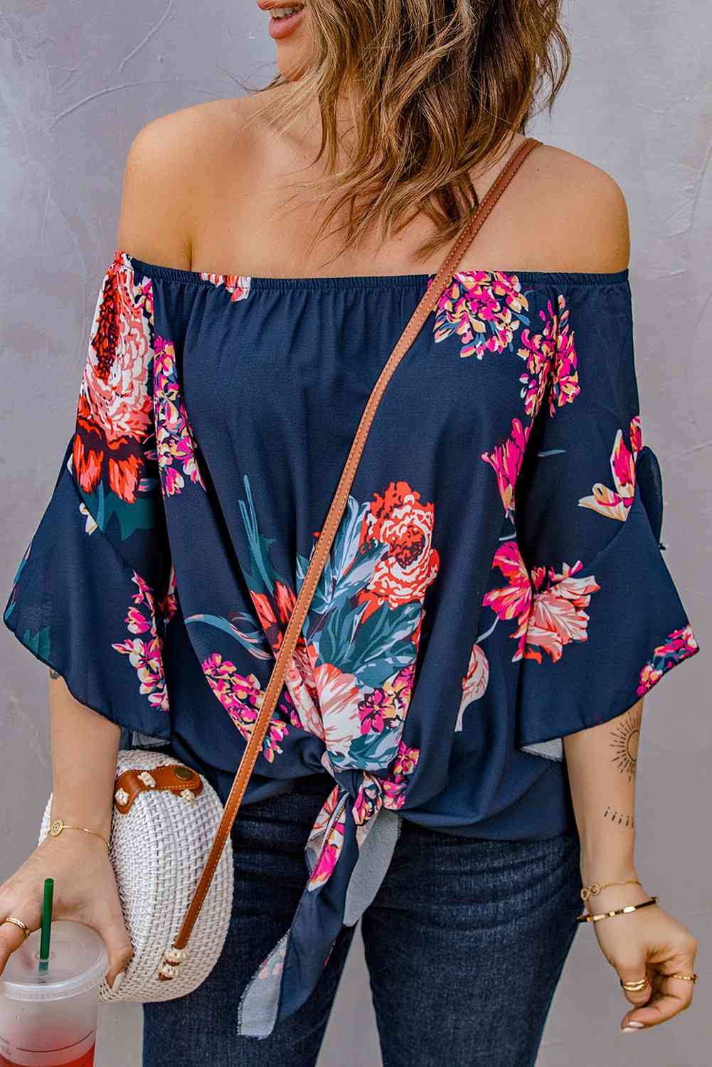 Printed Off-Shoulder Flounce Sleeve Top with Floral and Leopard Print.