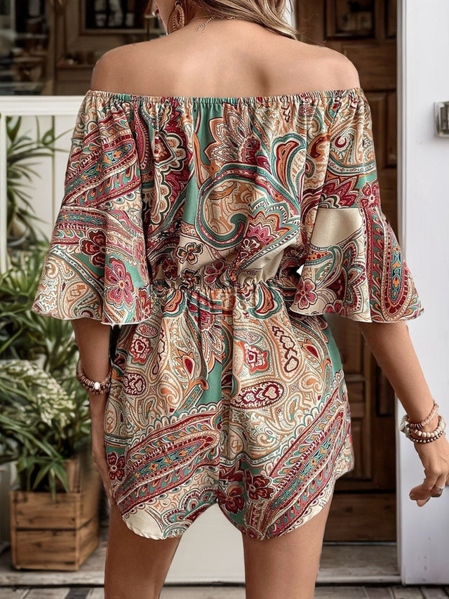 Printed Off Shoulder Half Sleeve Romper with Ruffles and Tie.