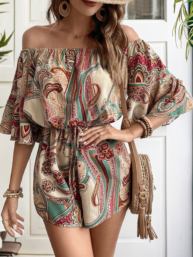 Printed Off Shoulder Half Sleeve Romper with Ruffles and Tie.