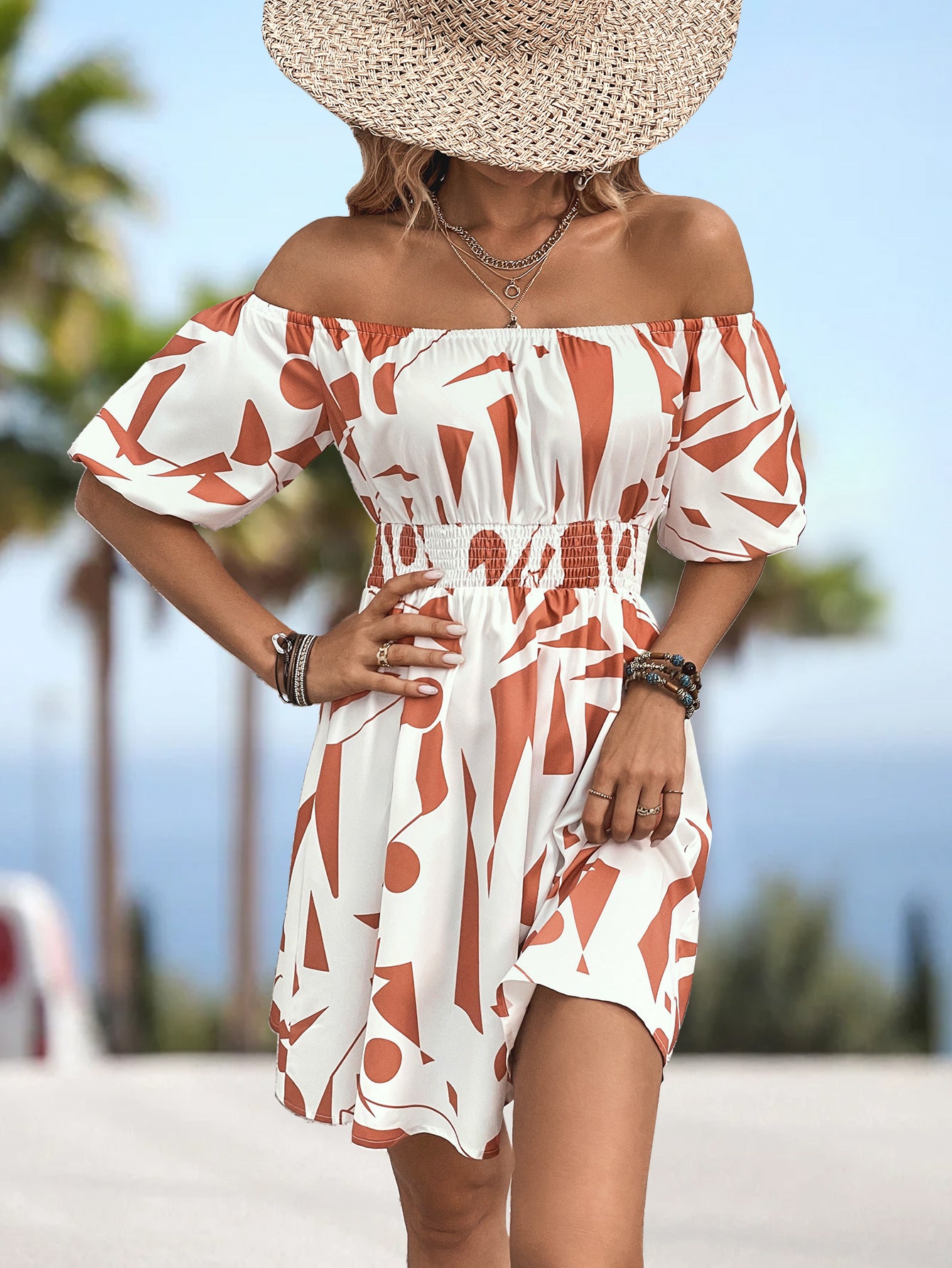 Printed Off-Shoulder Smocked Waist Dress.
