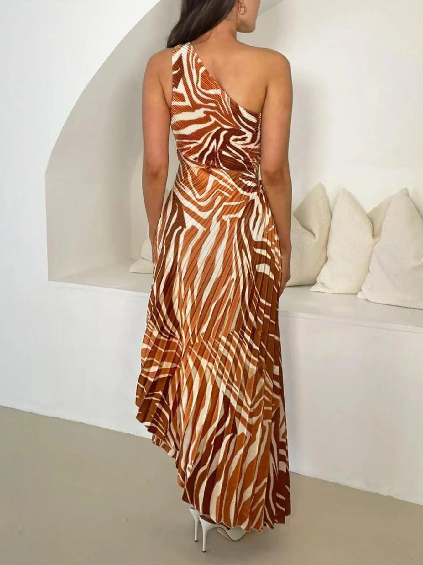 Printed One Shoulder Asymmetrical Maxi Dress.