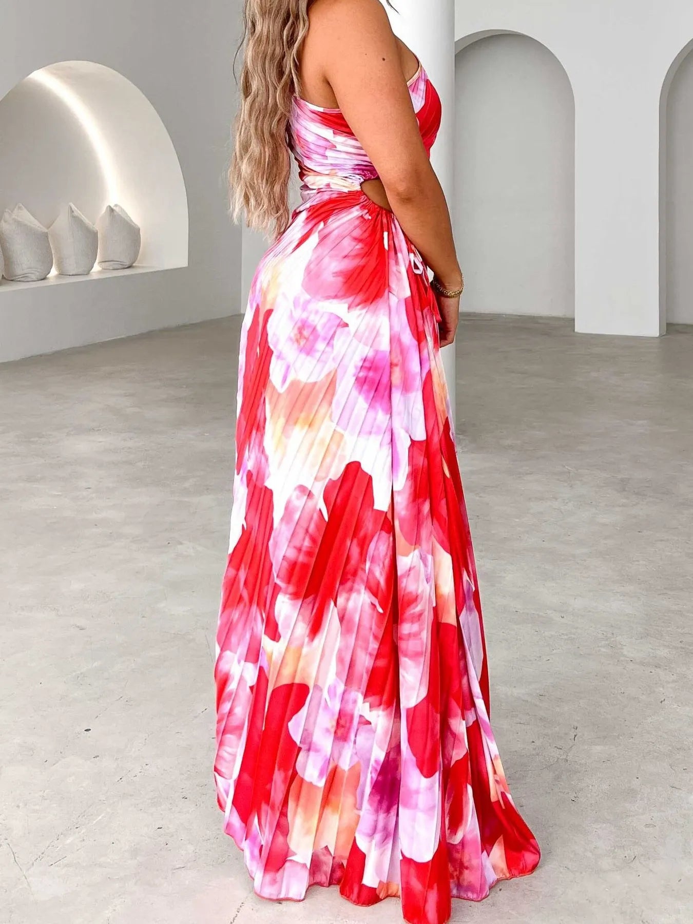 Printed One Shoulder Asymmetrical Maxi Dress.