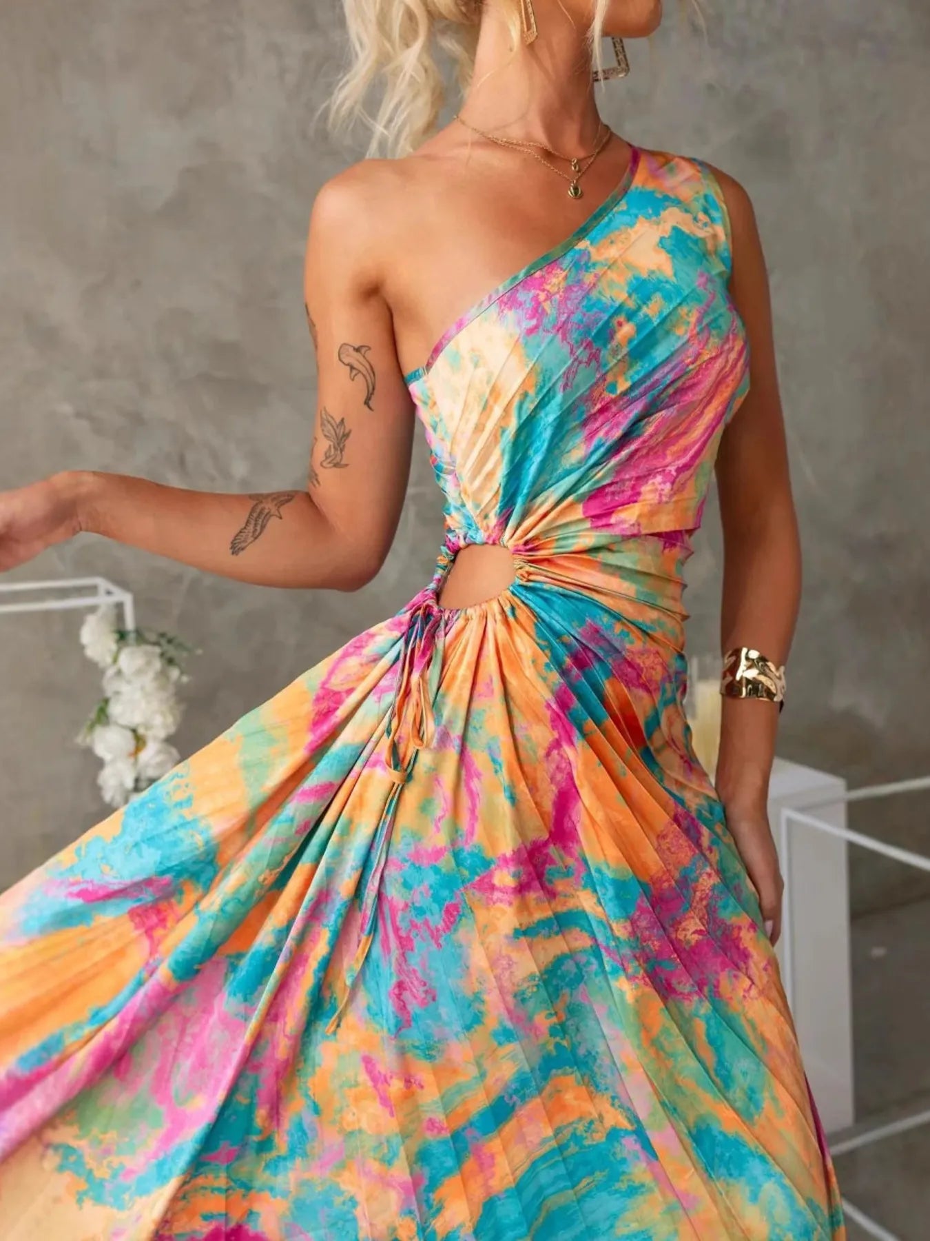 Printed One Shoulder Asymmetrical Maxi Dress.