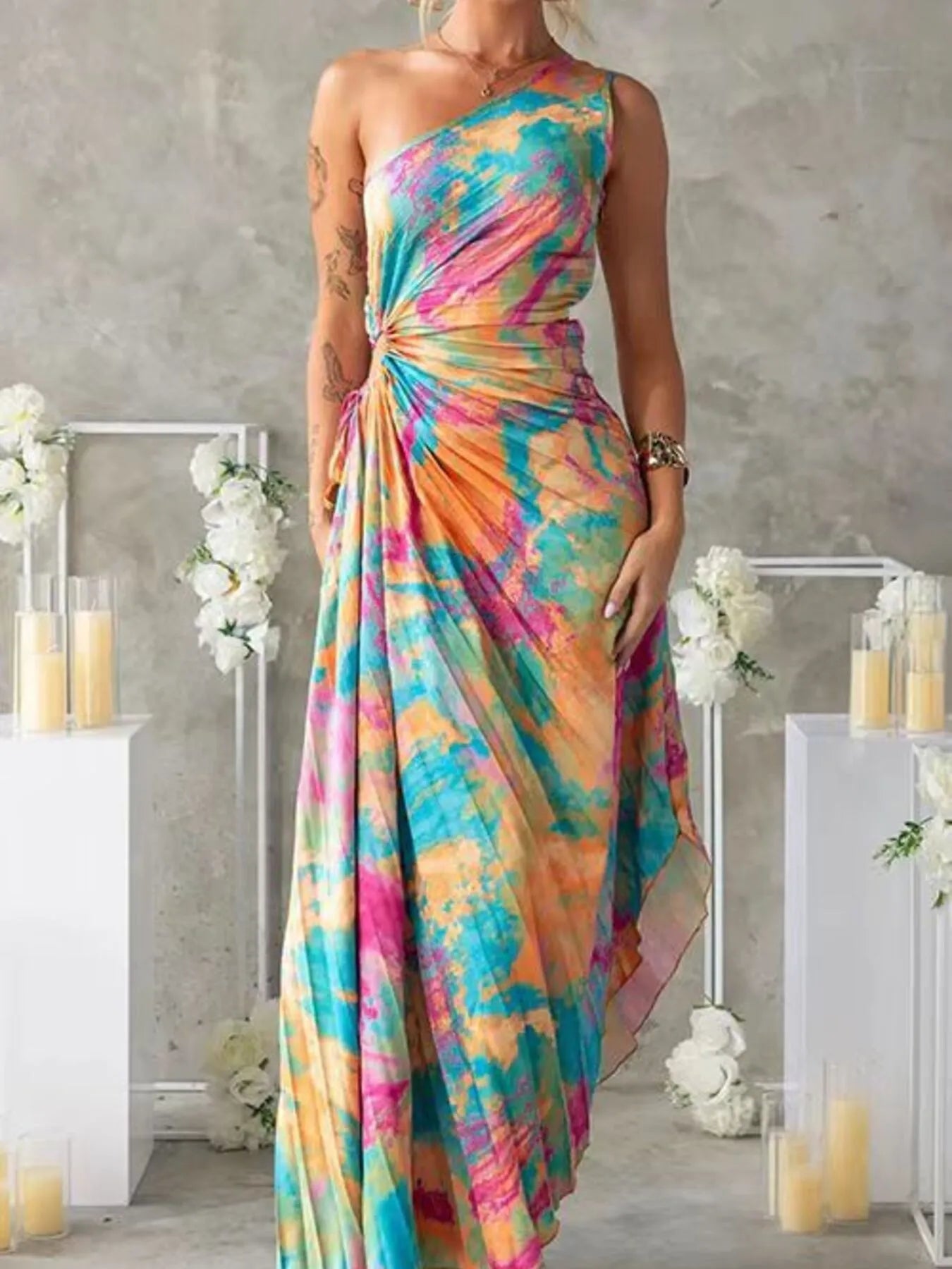Printed One Shoulder Asymmetrical Maxi Dress.