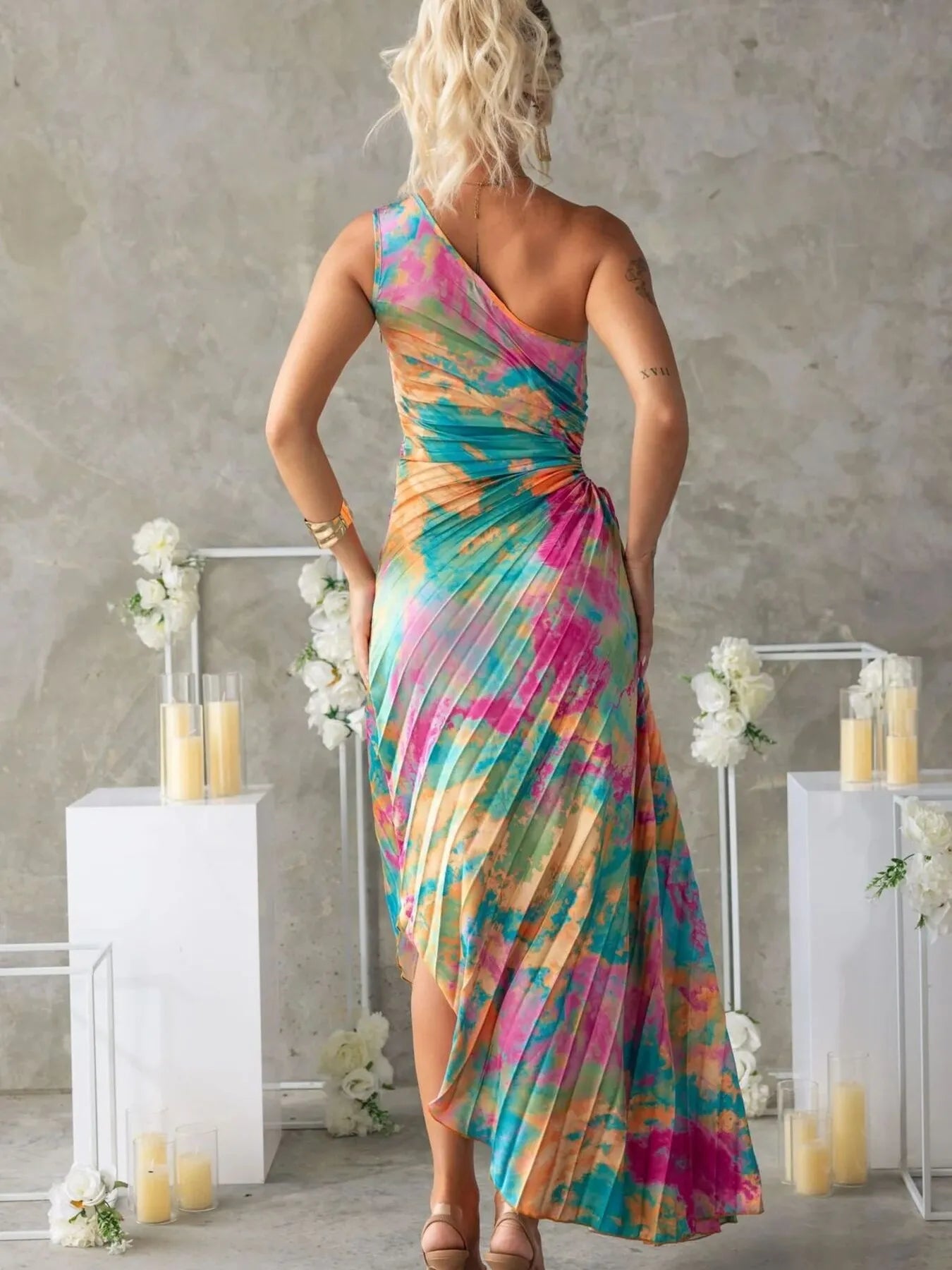 Printed One Shoulder Asymmetrical Maxi Dress.