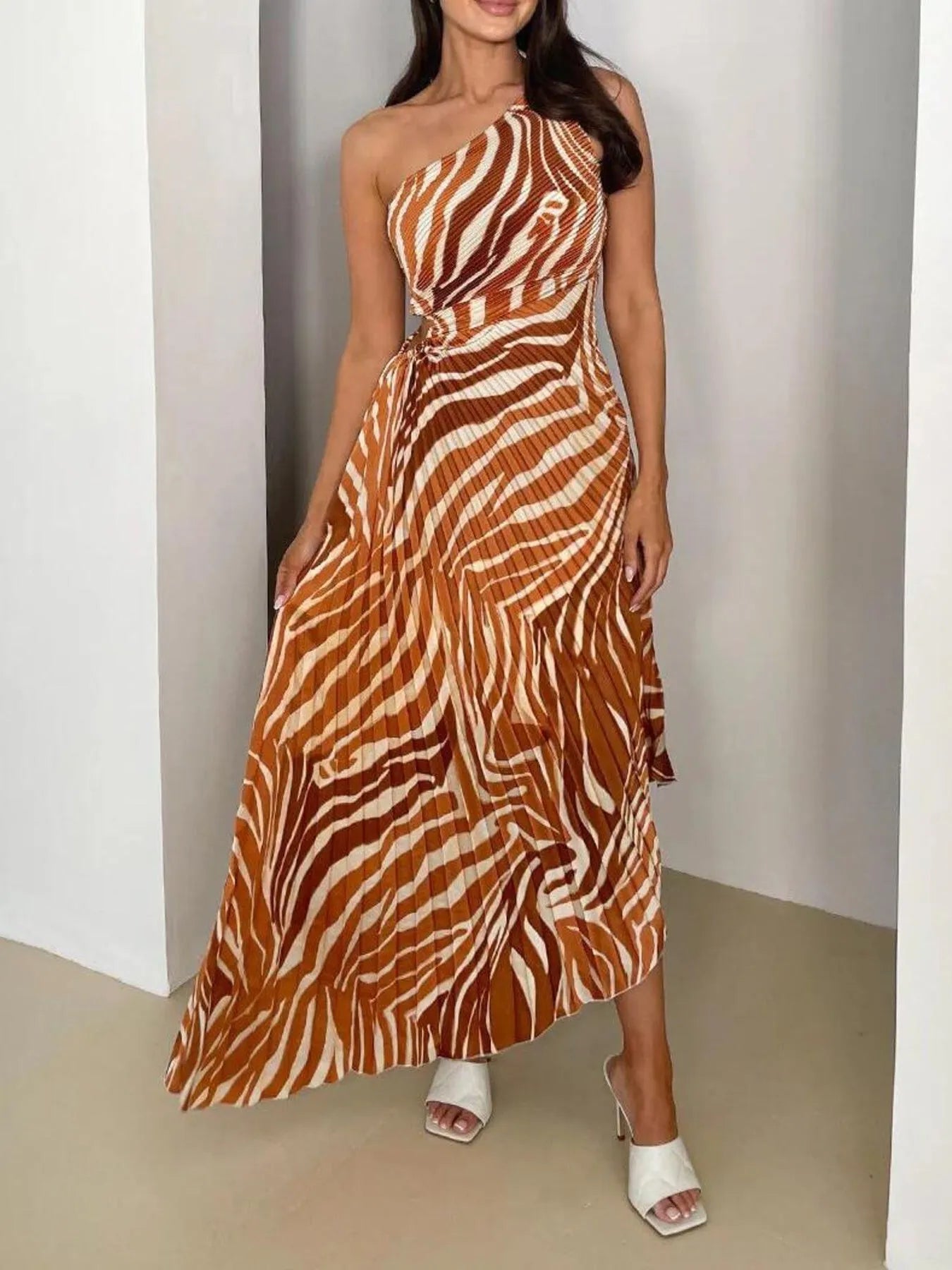 Printed One Shoulder Asymmetrical Maxi Dress.