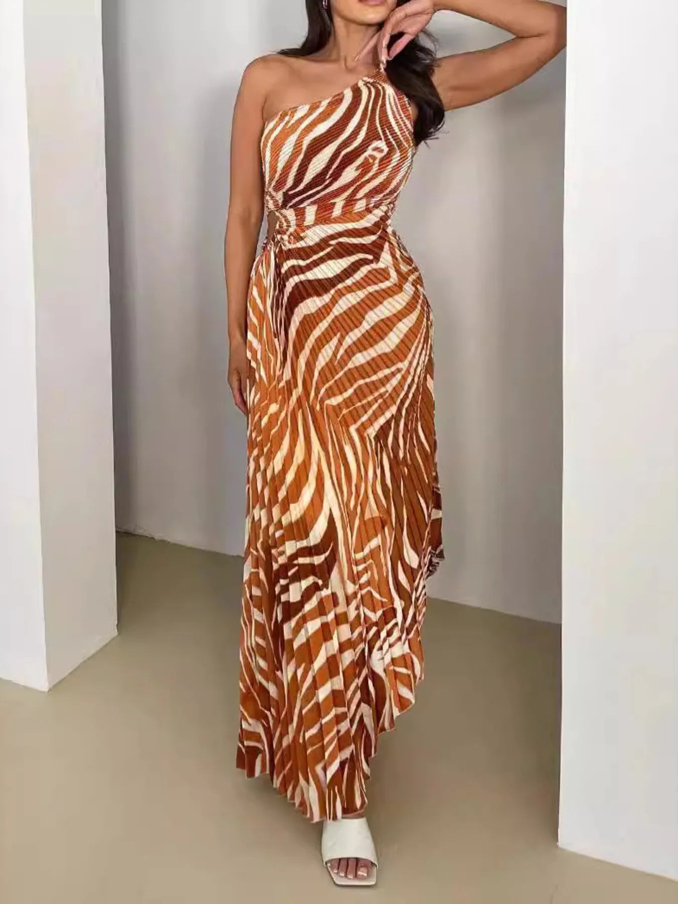 Printed One Shoulder Asymmetrical Maxi Dress.
