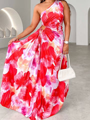 Printed One Shoulder Asymmetrical Maxi Dress.