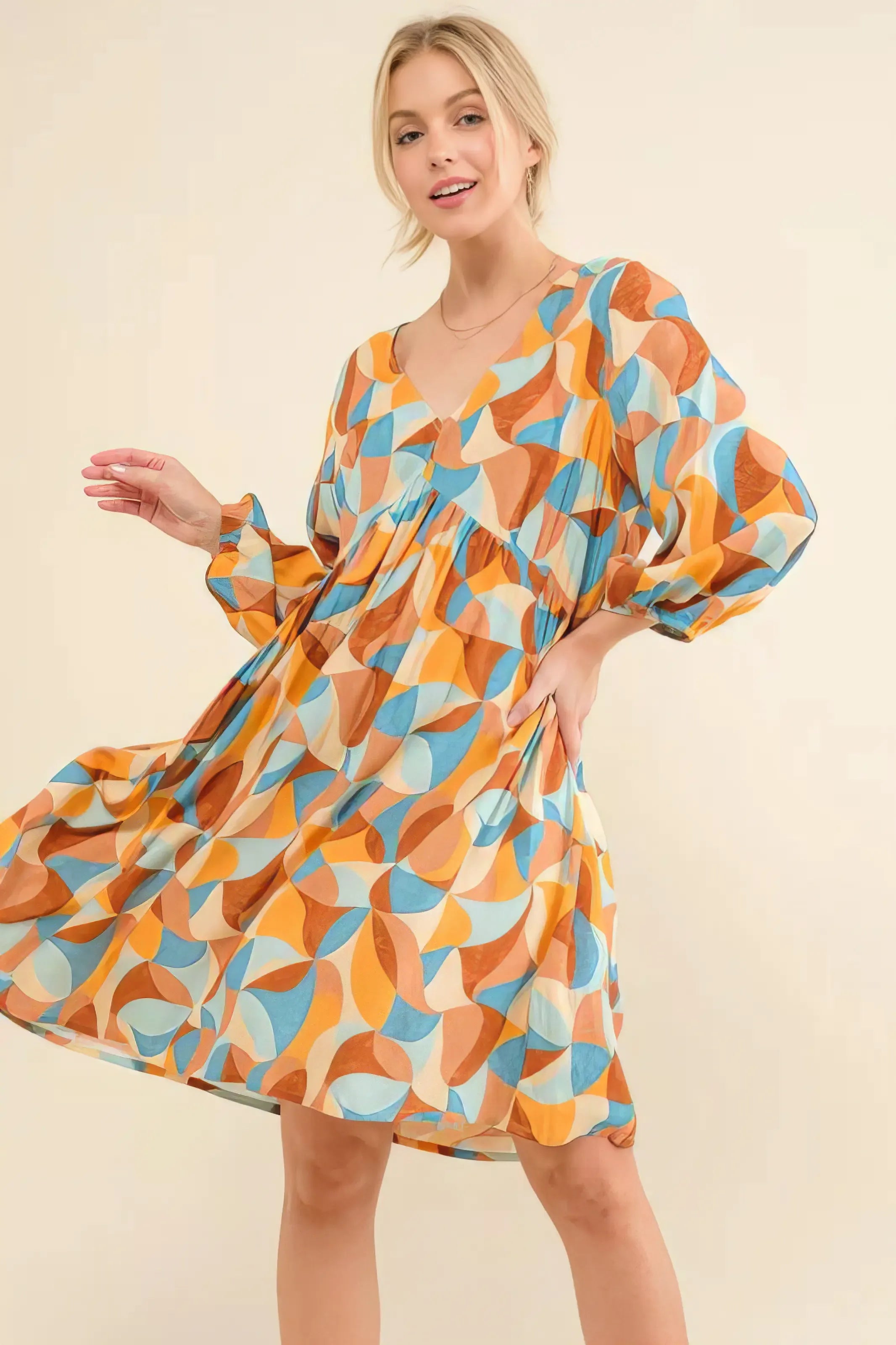 And The Why Printed Open Back Puff Sleeve Casual Dress.