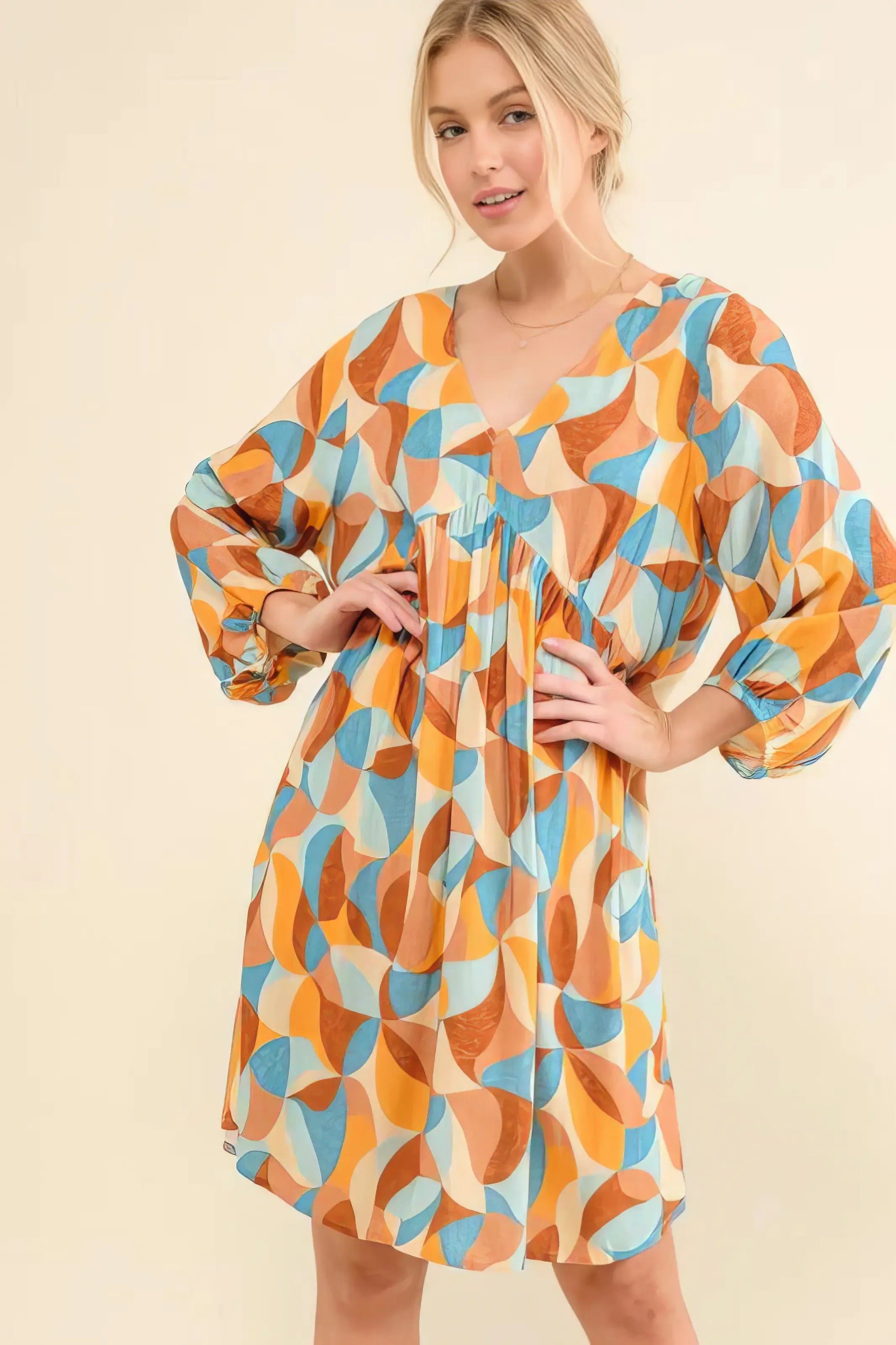 And The Why Printed Open Back Puff Sleeve Casual Dress.