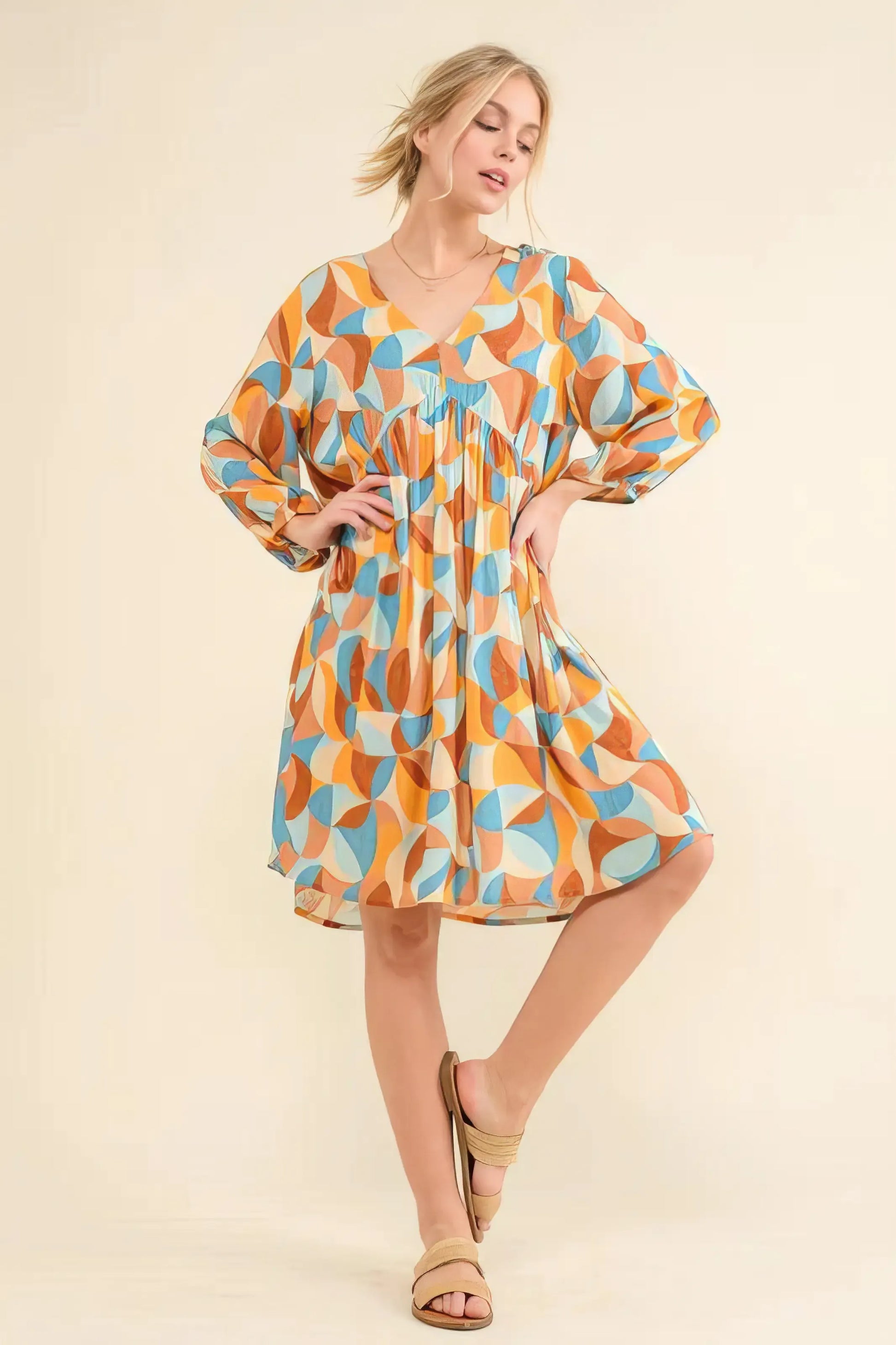 And The Why Printed Open Back Puff Sleeve Casual Dress.