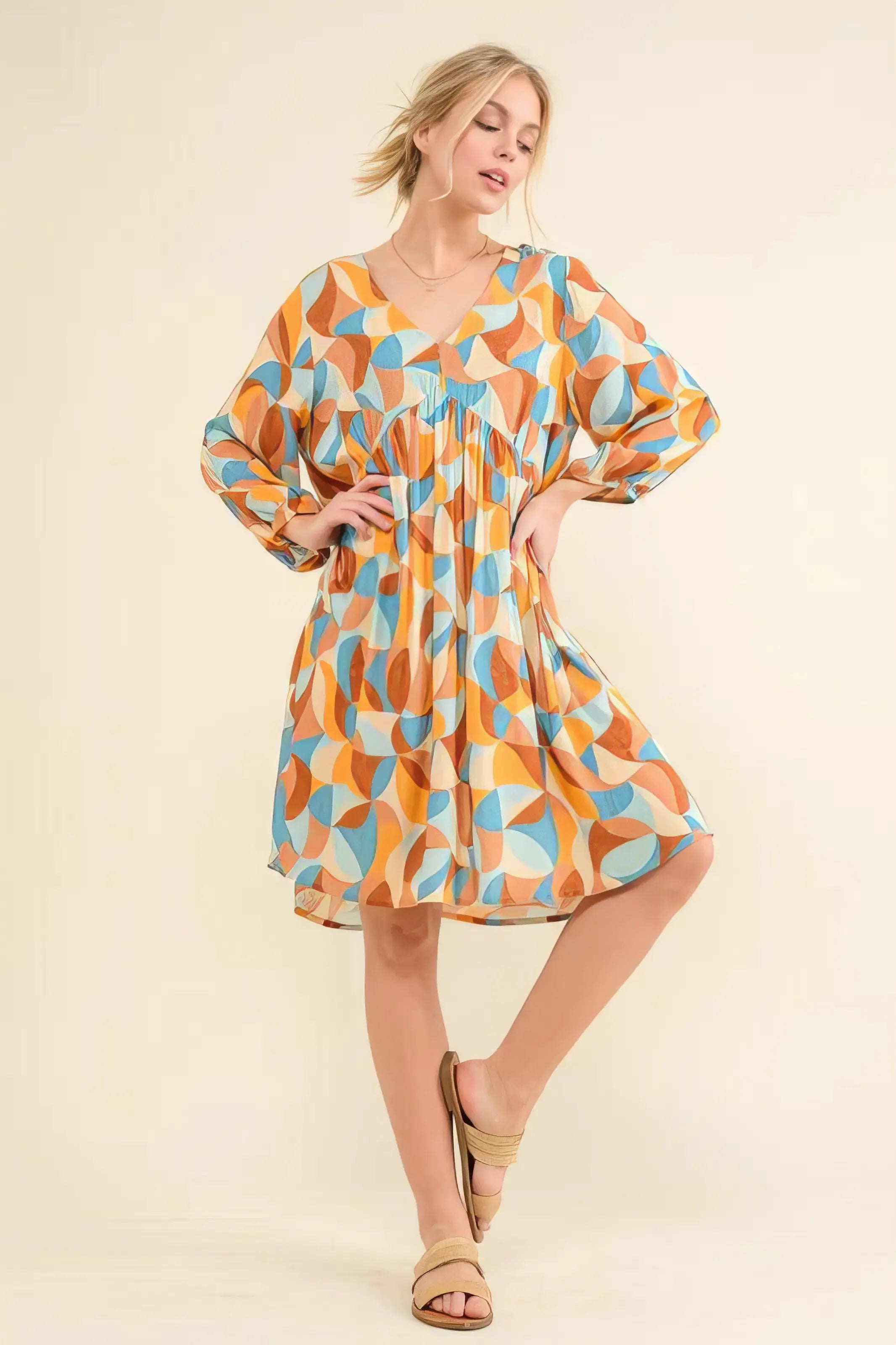 And The Why Printed Open Back Puff Sleeve Casual Dress.