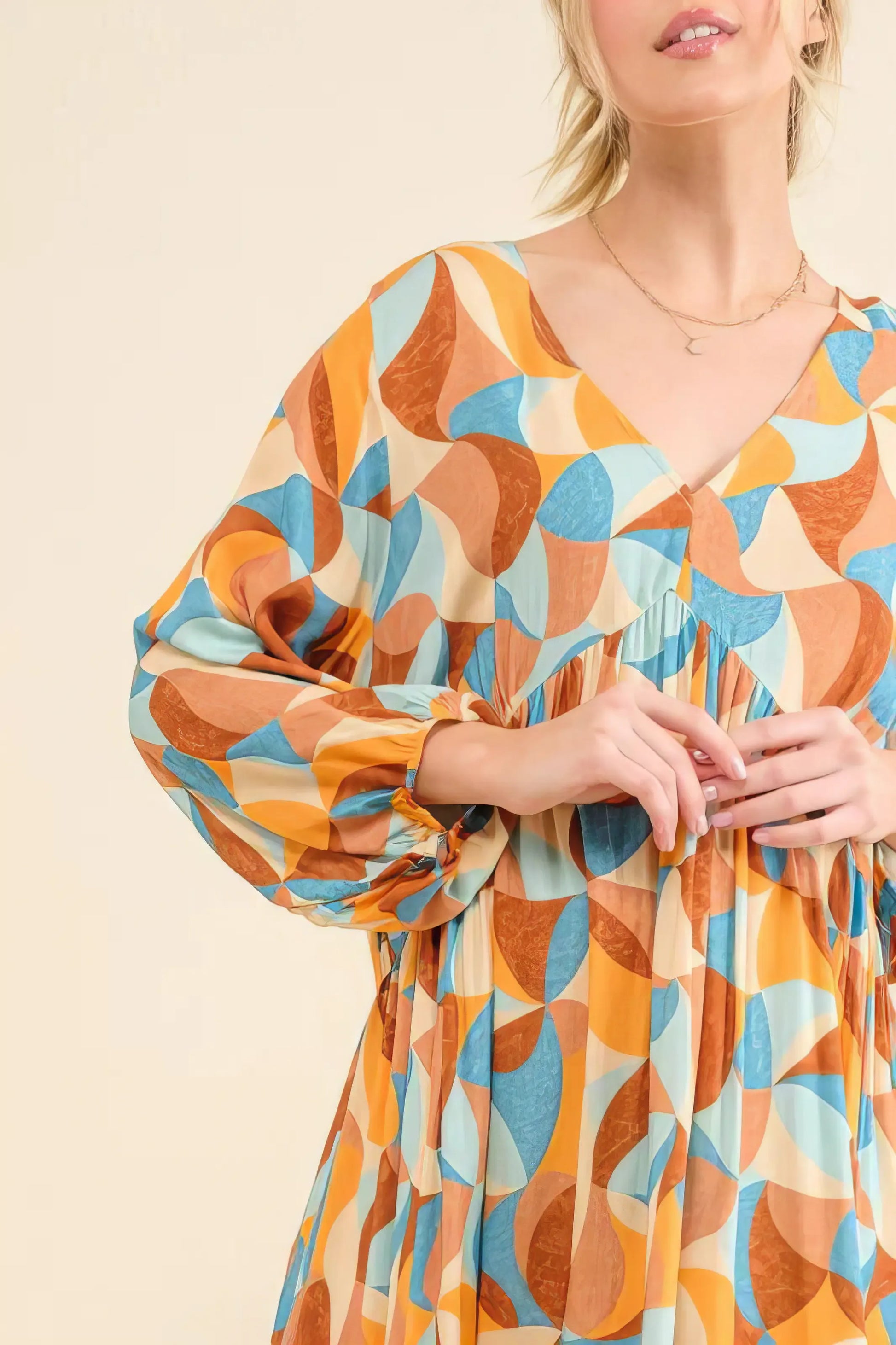And The Why Printed Open Back Puff Sleeve Casual Dress.