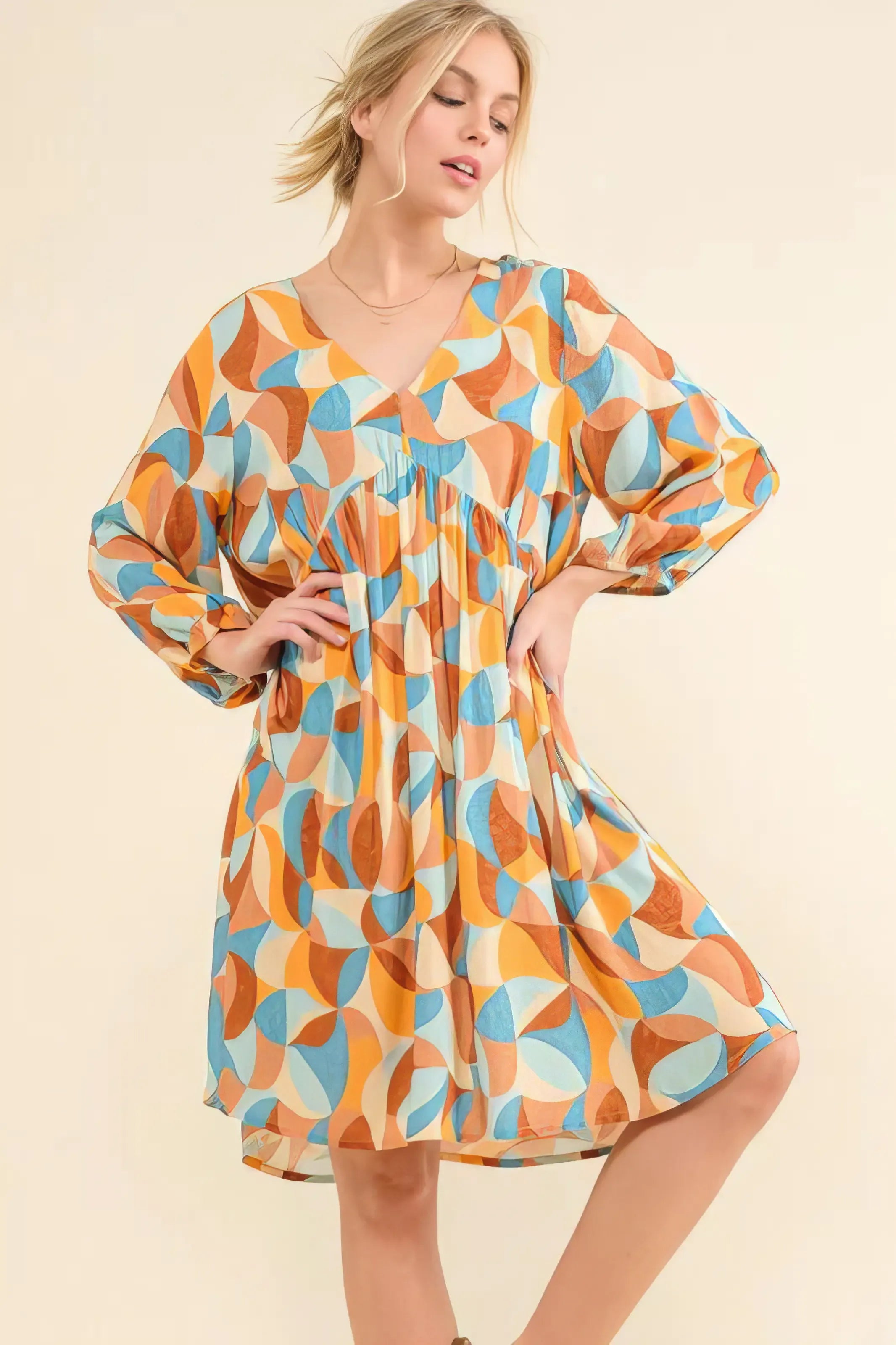 And The Why Printed Open Back Puff Sleeve Casual Dress.