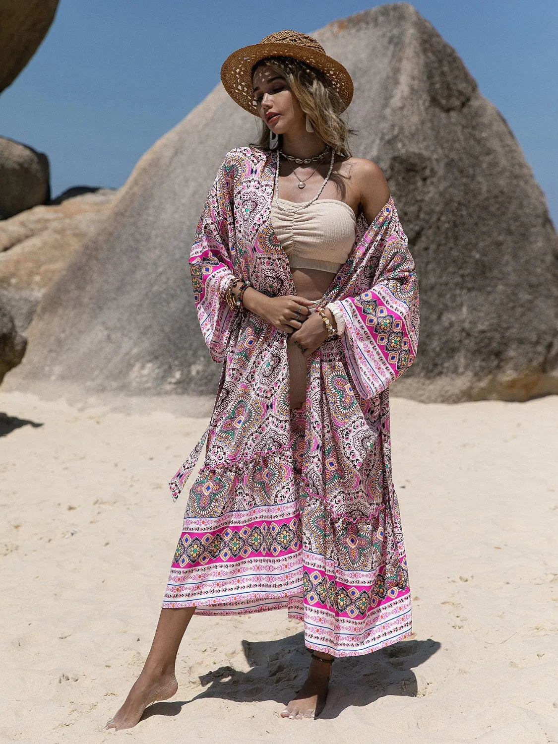 Printed Open Front Cover Up with Tied Detail.