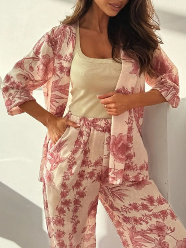 Printed Open Front Top and Pants Set.
