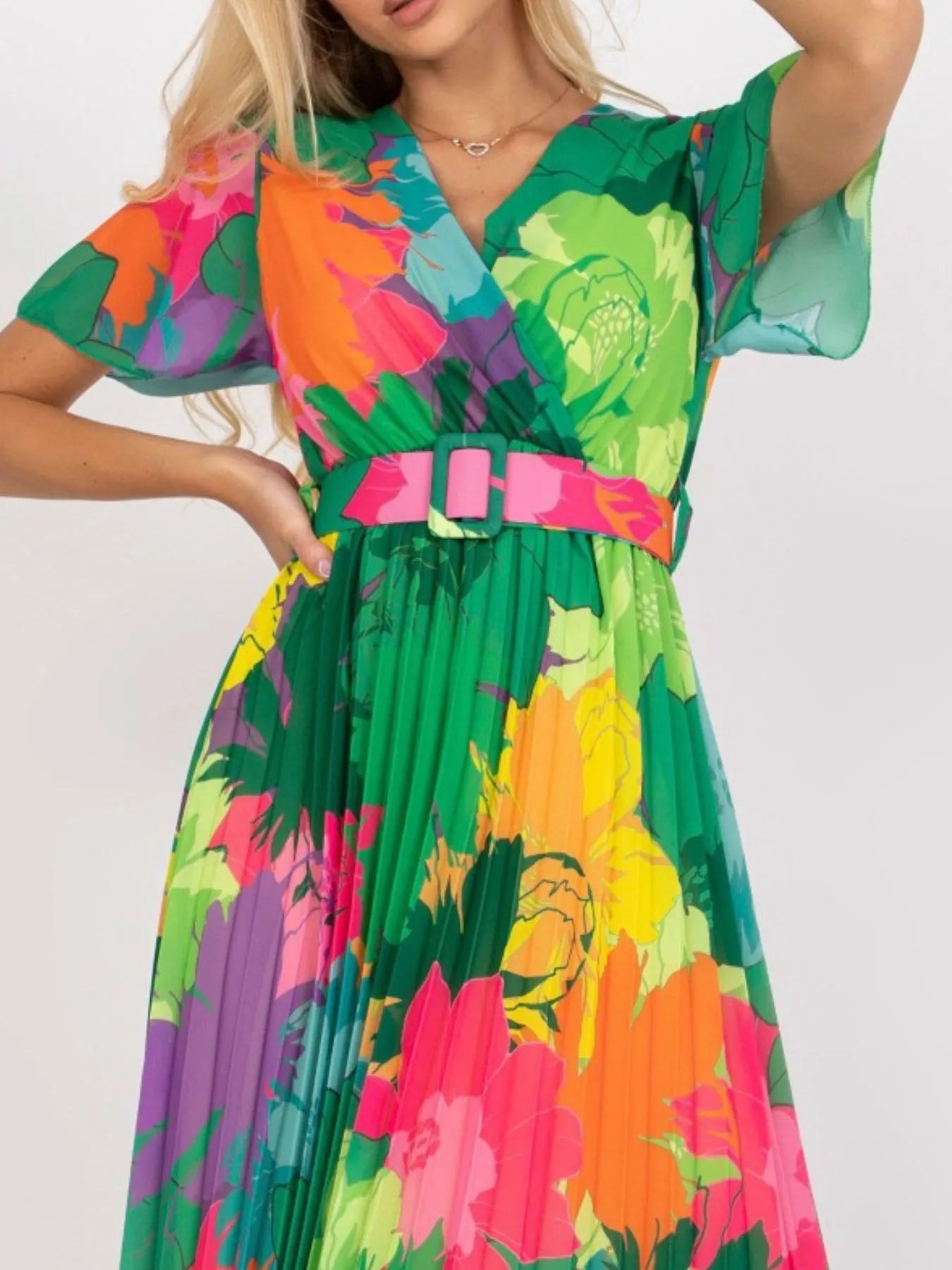 Printed Pleated Midi Wrap Dress with Belt.