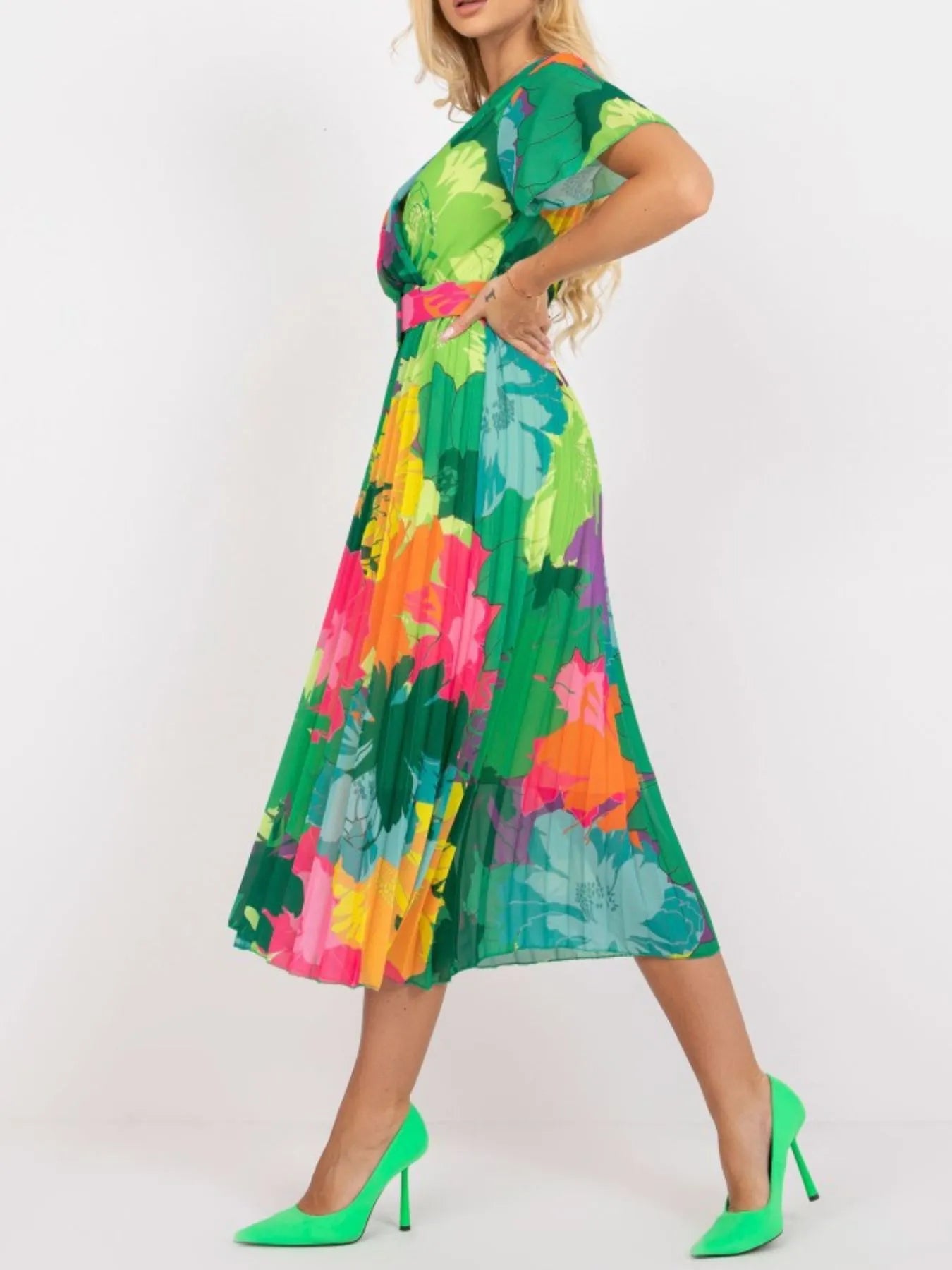 Printed Pleated Midi Wrap Dress with Belt.