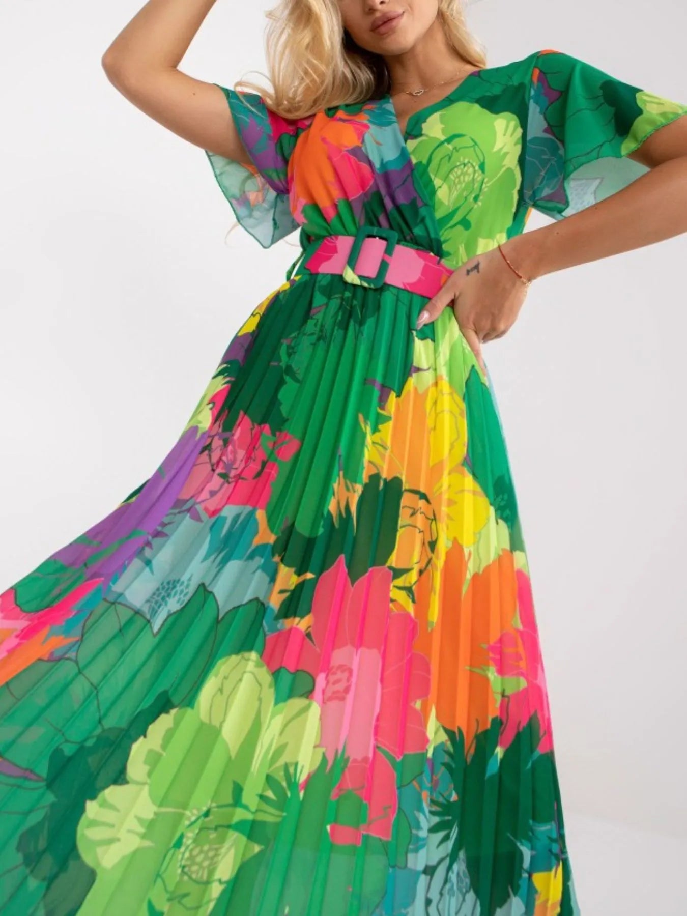 Printed Pleated Midi Wrap Dress with Belt.