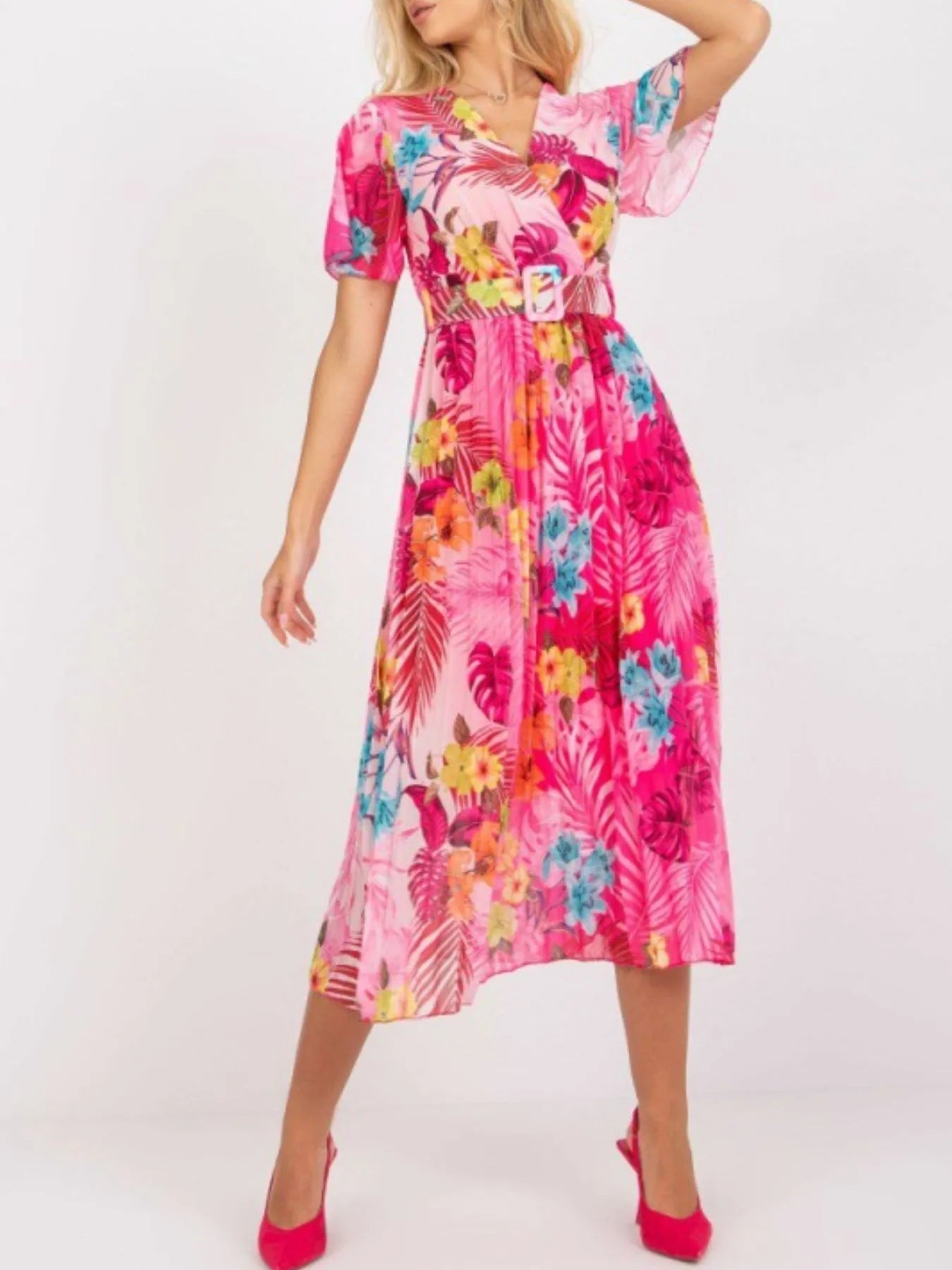 Printed Pleated Midi Wrap Dress with Belt.