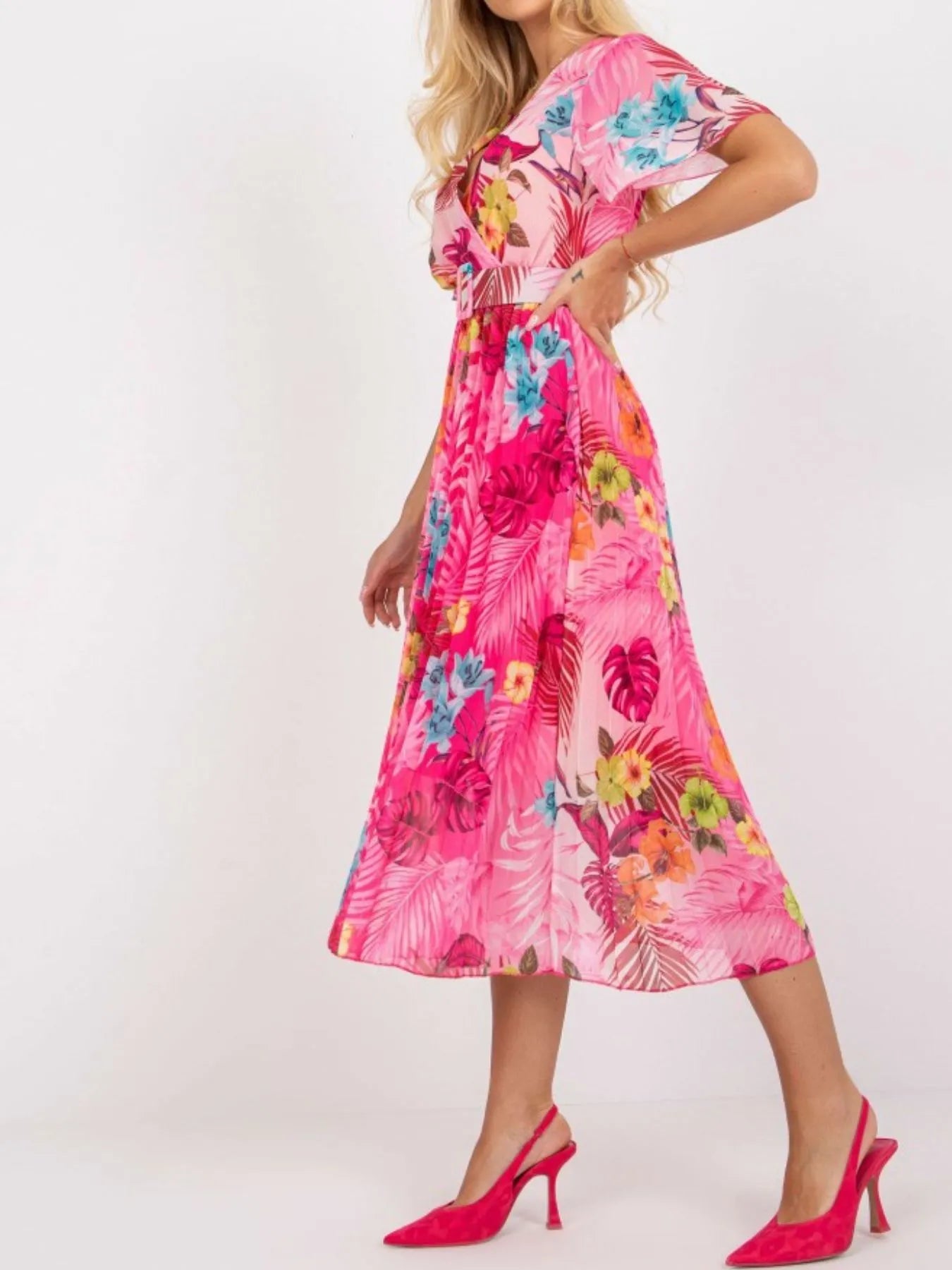 Printed Pleated Midi Wrap Dress with Belt.
