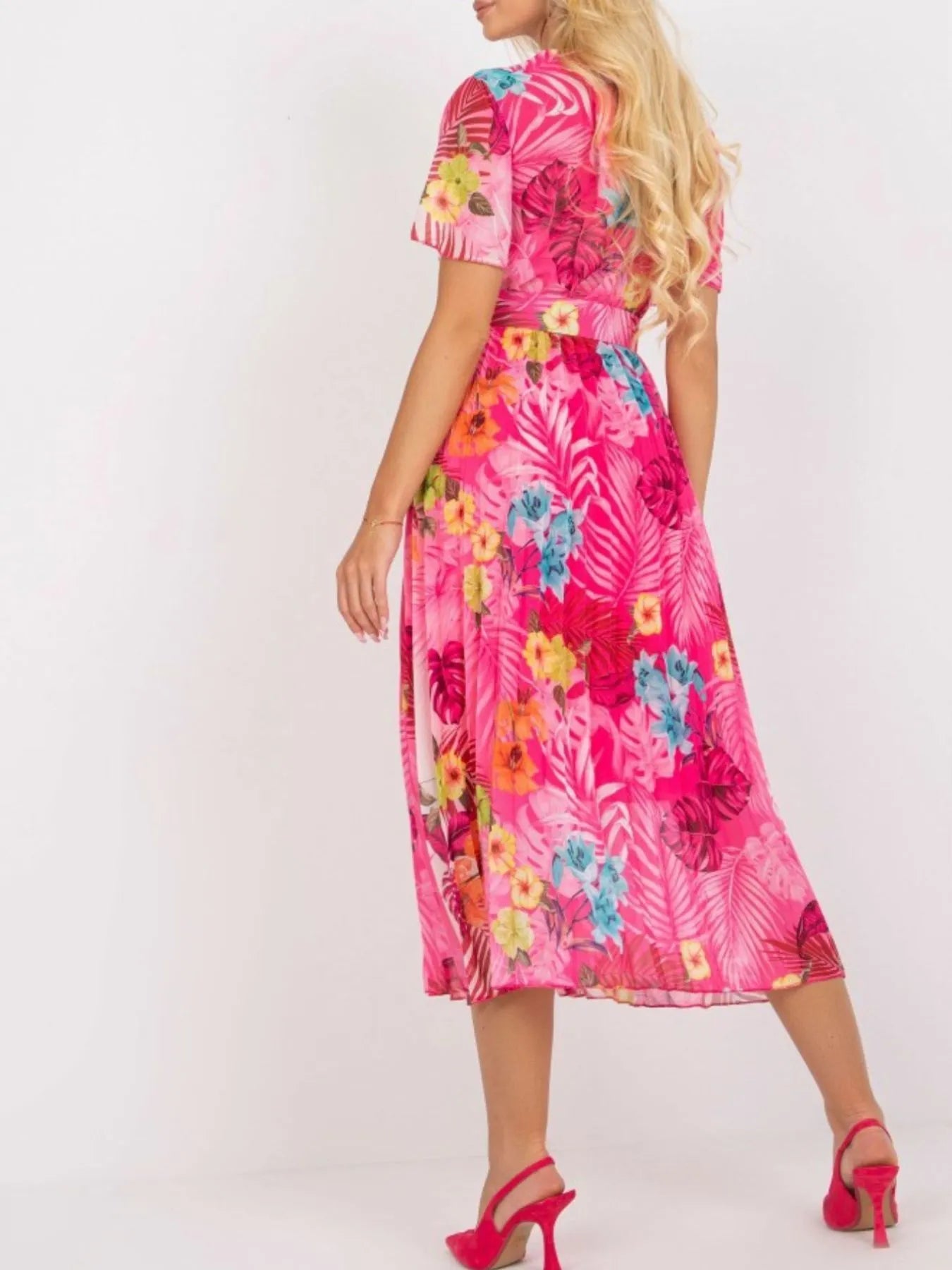 Printed Pleated Midi Wrap Dress with Belt.