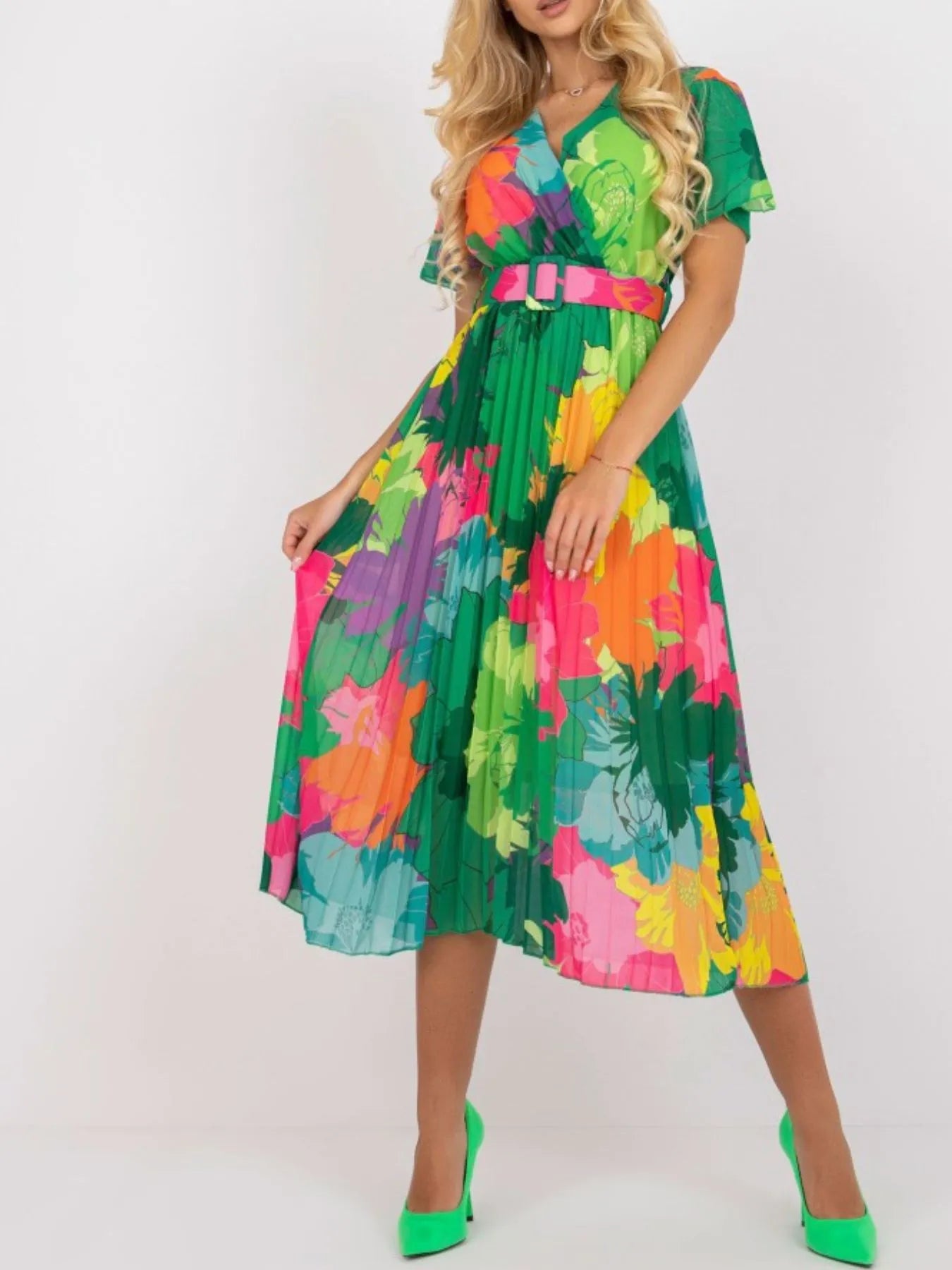Printed Pleated Midi Wrap Dress with Belt.