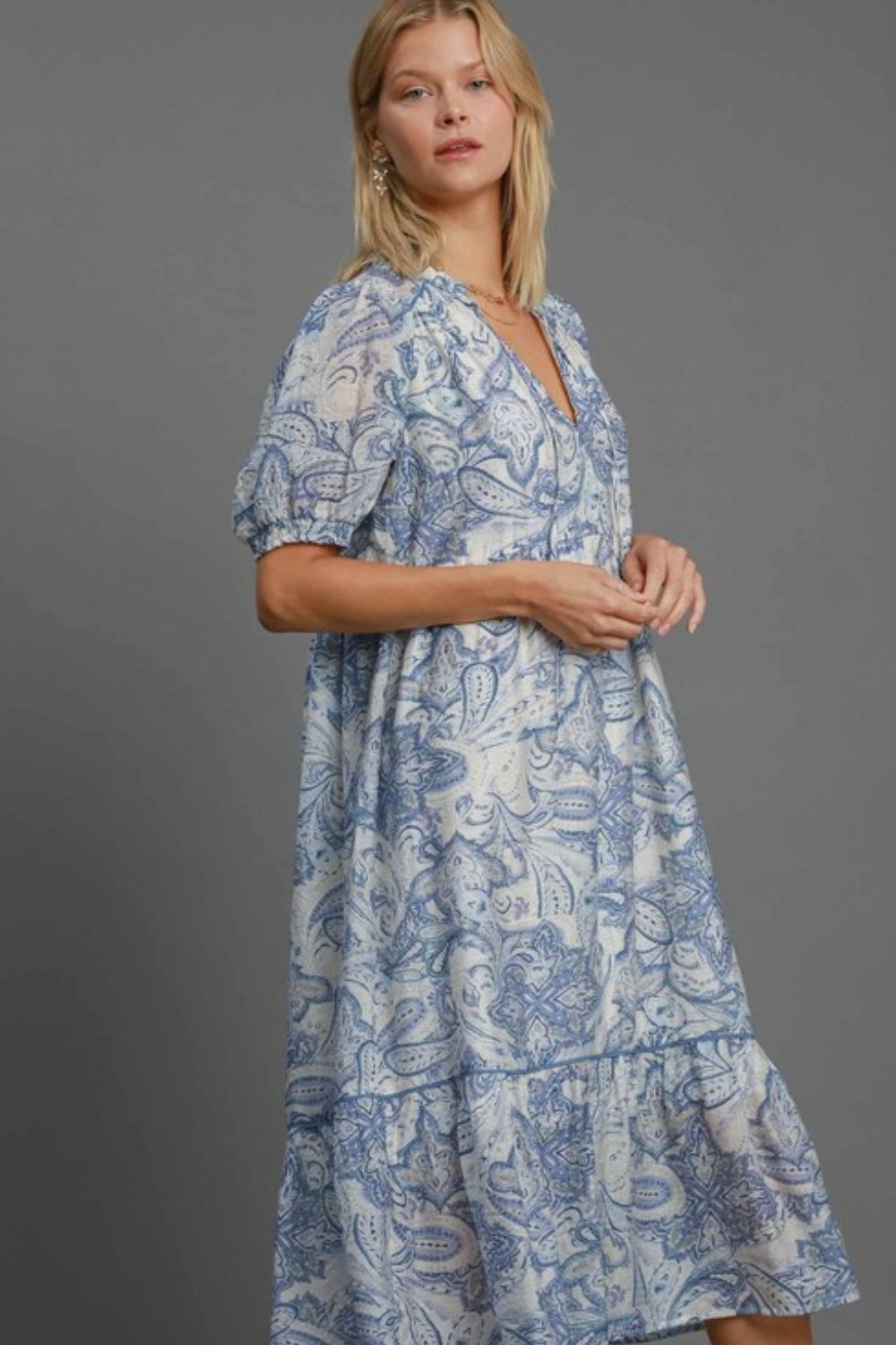 Umgee Full Size Printed Puff Short Sleeve Midi Dress Plus Size.
