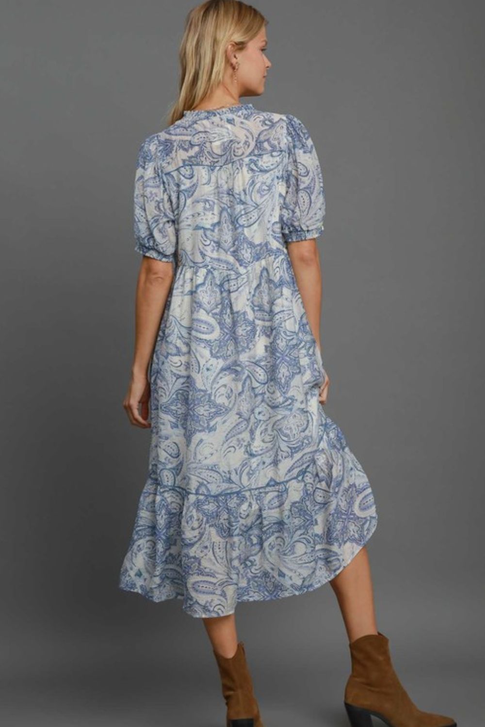 Umgee Full Size Printed Puff Short Sleeve Midi Dress Plus Size.