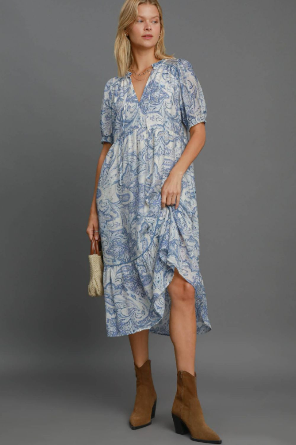 Umgee Full Size Printed Puff Short Sleeve Midi Dress Plus Size.