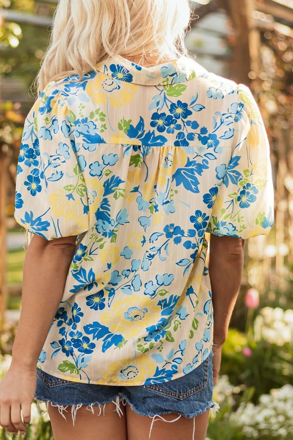 Printed Puff Sleeve Button Down Summer Shirt.