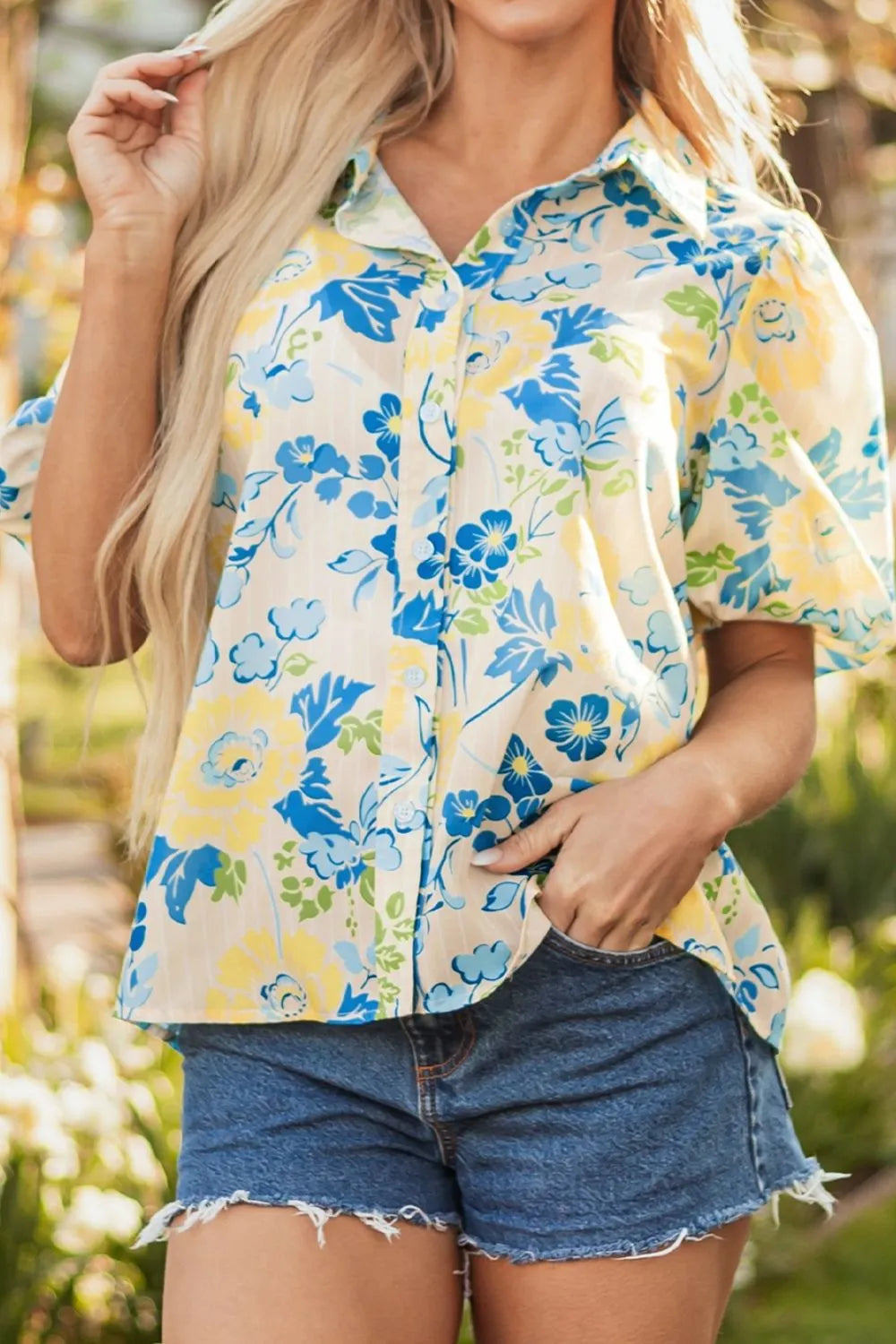Printed Puff Sleeve Button Down Summer Shirt.