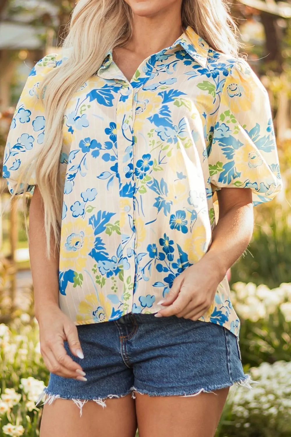 Printed Puff Sleeve Button Down Summer Shirt.