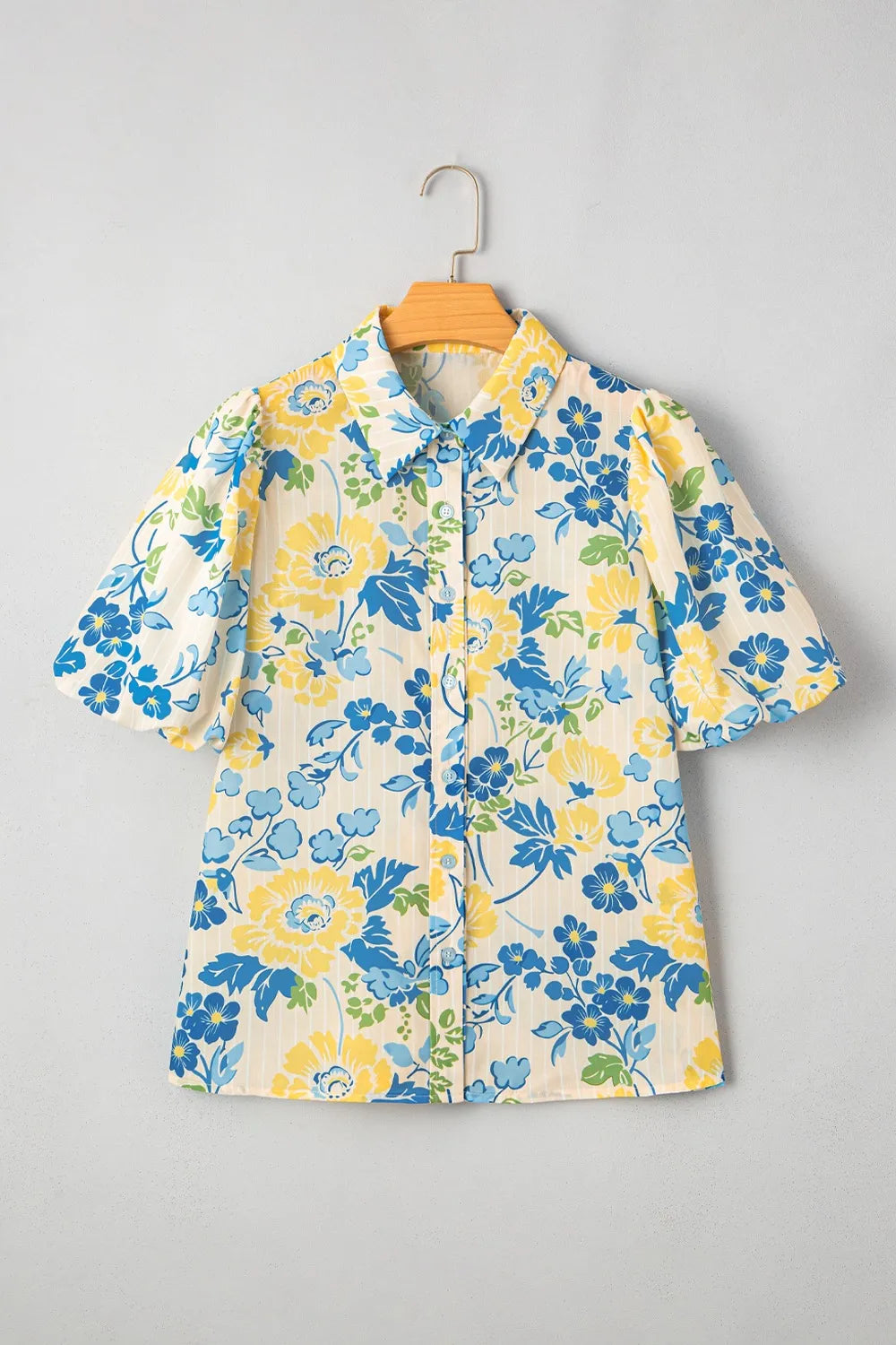 Printed Puff Sleeve Button Down Summer Shirt.