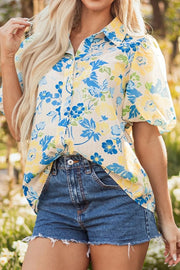 Printed Puff Sleeve Button Down Summer Shirt.