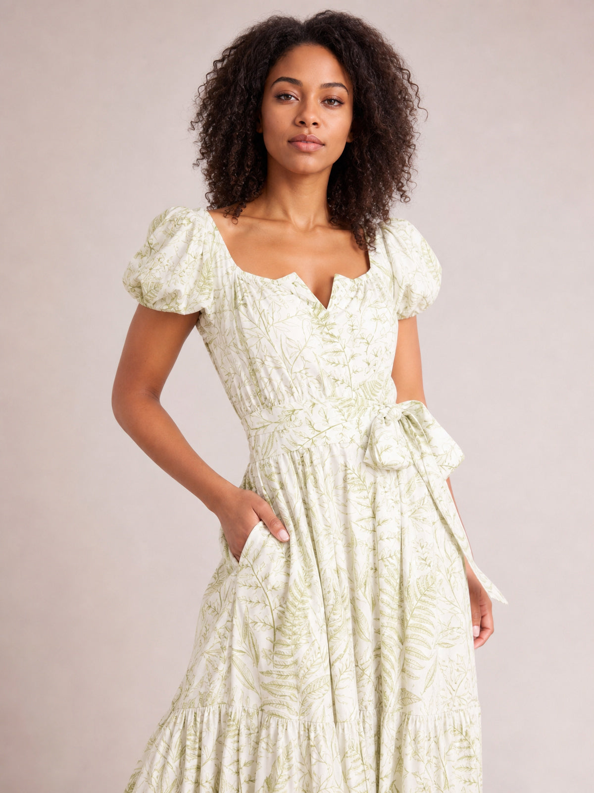 Printed Puff Sleeve Maxi Dress · Medium-Close Editorial · Hip / Waist Up