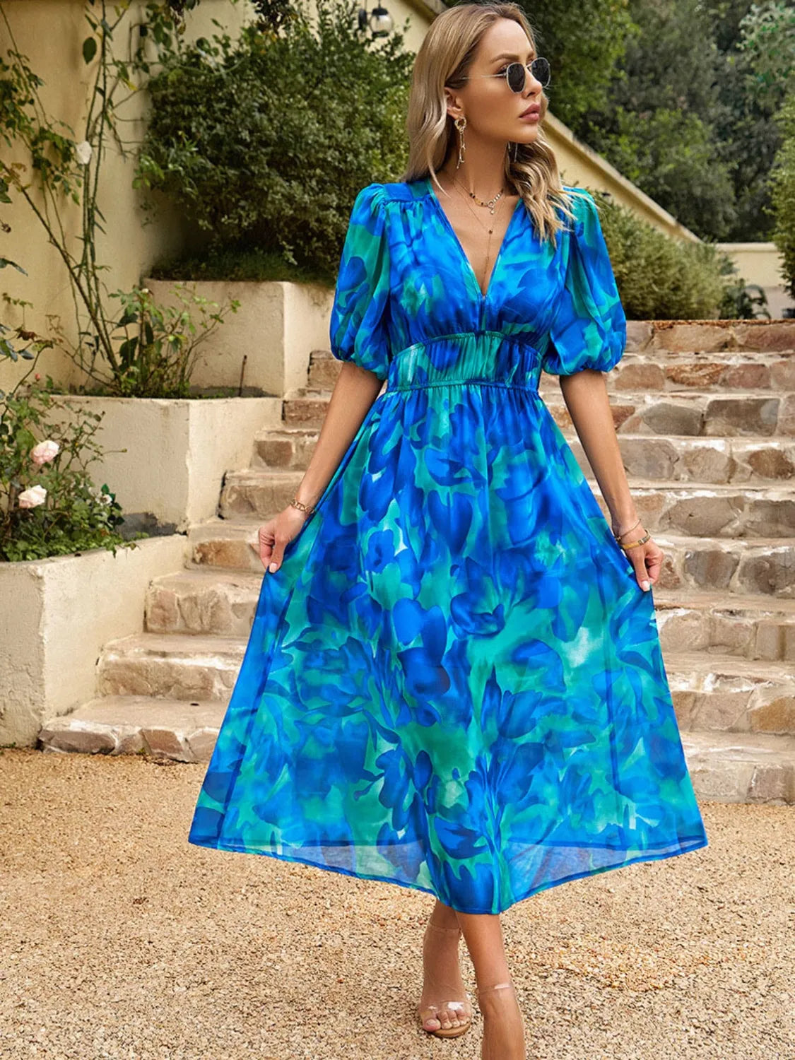 Printed Puff Sleeve Midi Dress.