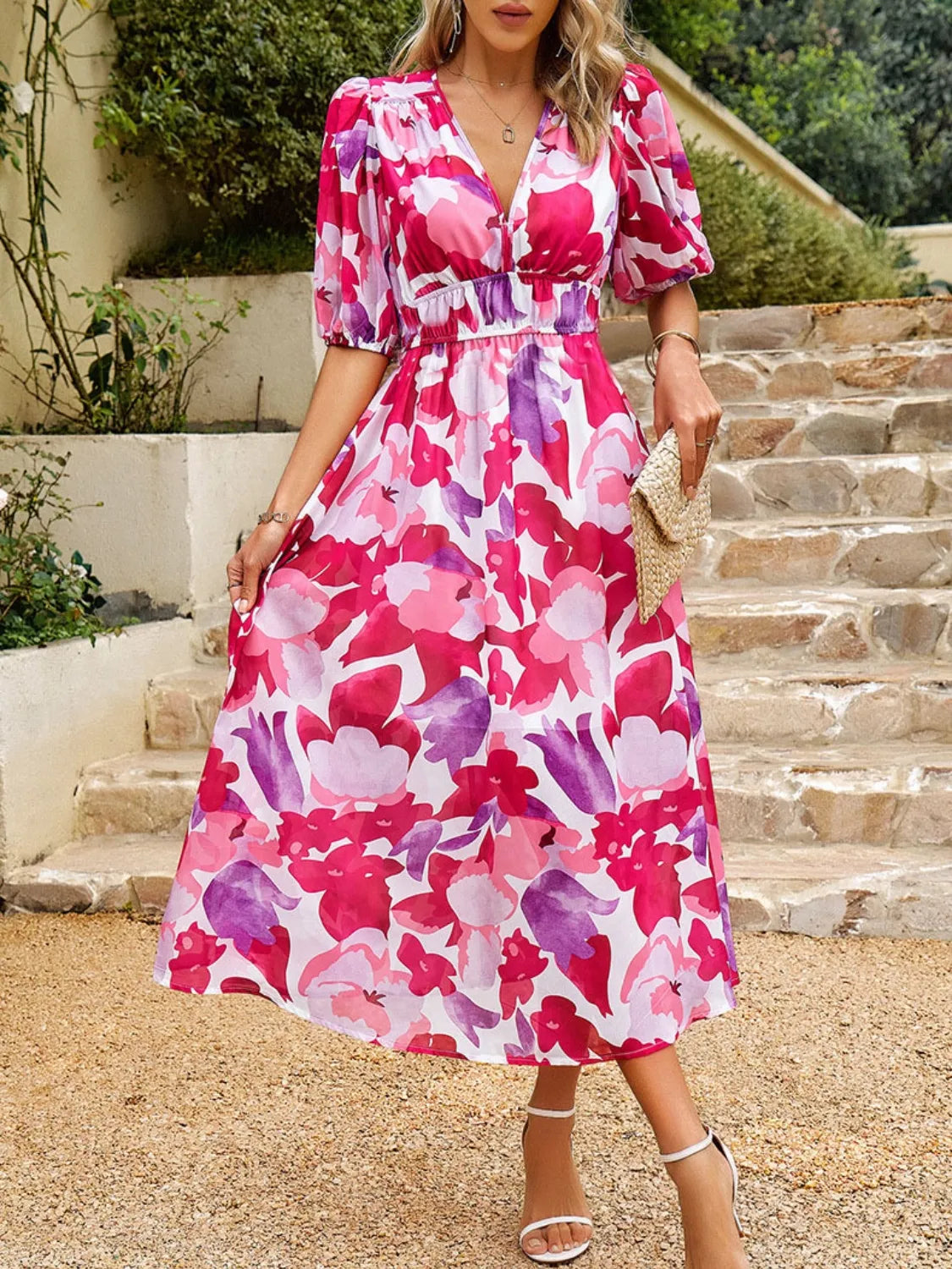 Printed Puff Sleeve Midi Dress.