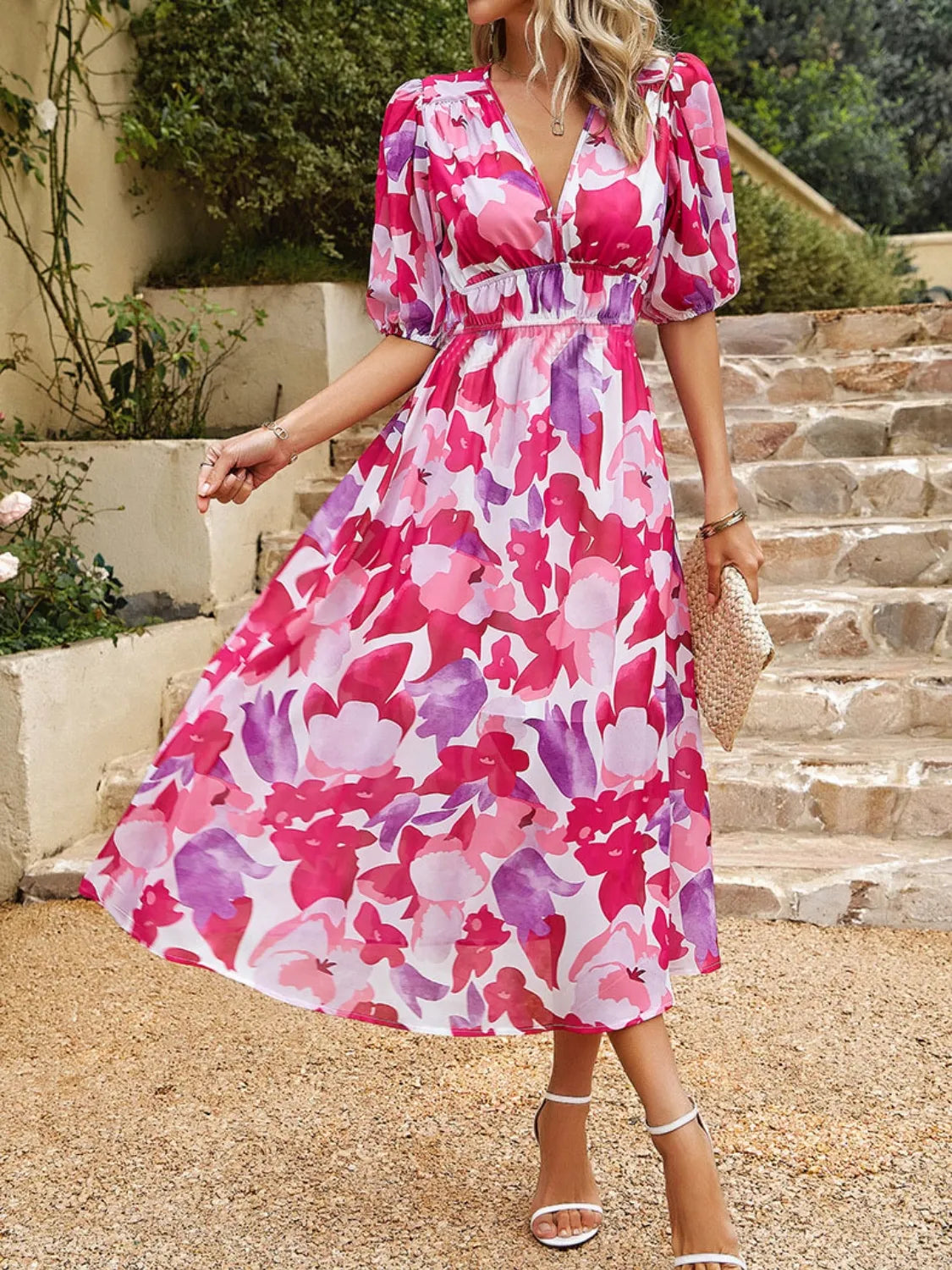Printed Puff Sleeve Midi Dress.