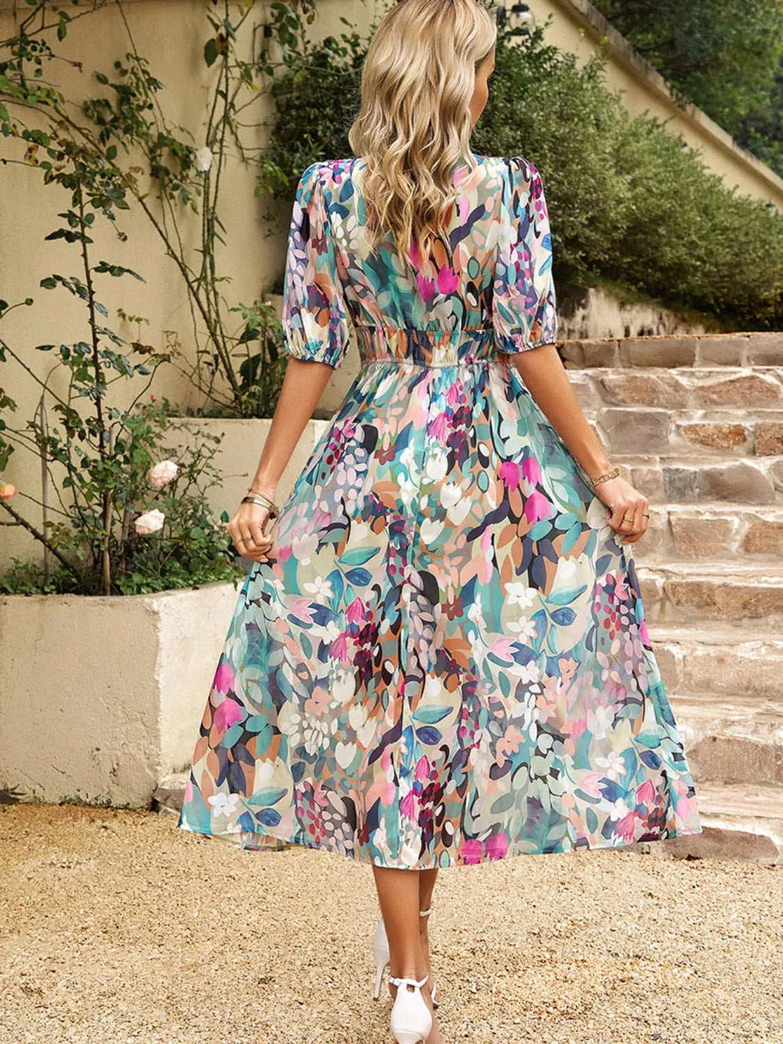 Printed Puff Sleeve Midi Dress.