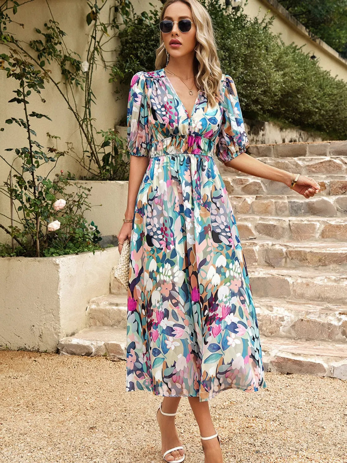 Printed Puff Sleeve Midi Dress.